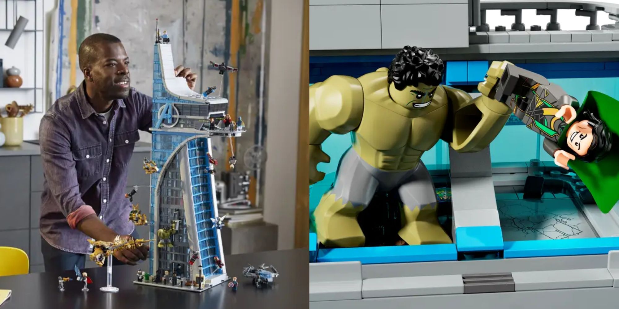 someone building the lego avengers tower set, and hulk swinging lego loki inside it