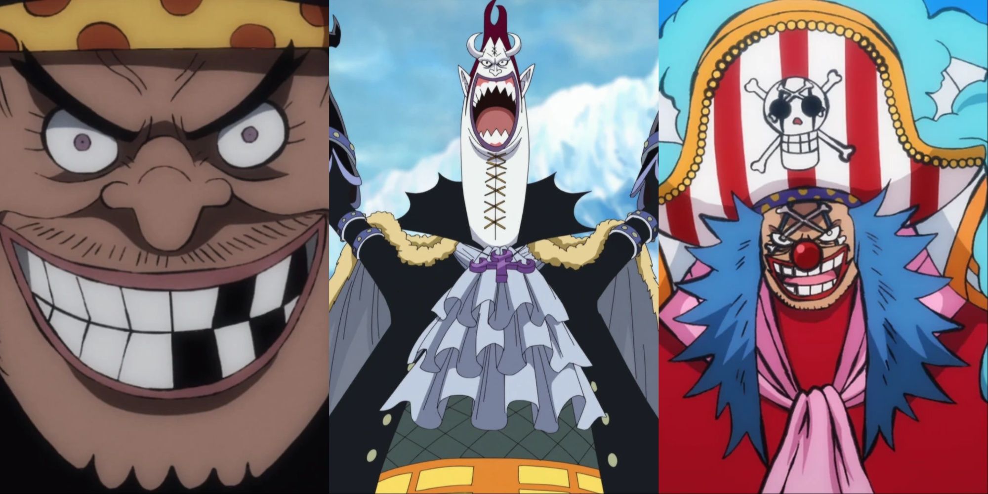 Collage of Blackbeard, Gecko Moria and Buggy from One Piece.