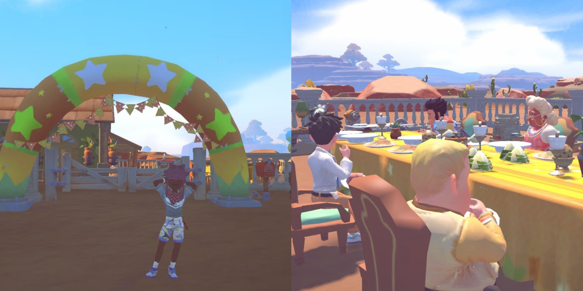 Split image featuring a player character posing outside their decorated yard and Burgess, Qi, Pen, and Vivi eating at a birthday party in My Time At Sandrock.