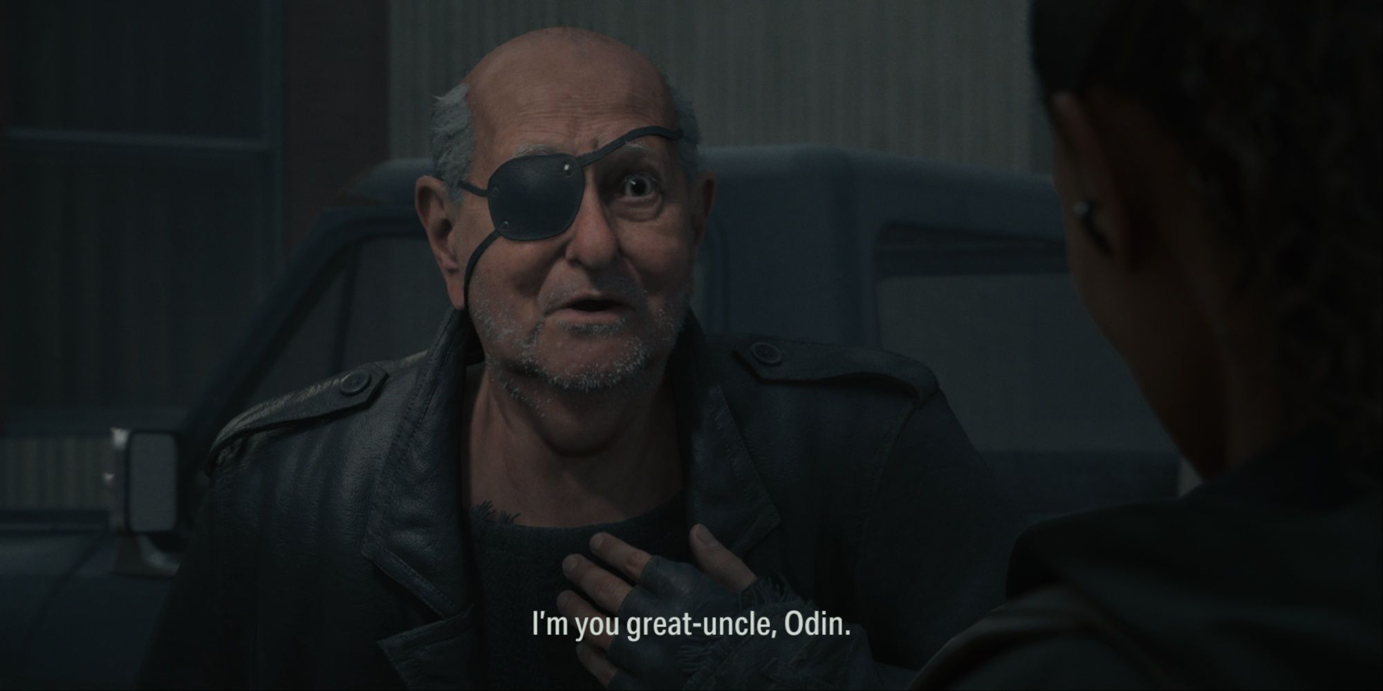 A close-up of Odin's character with the eyepatch introducing himself to Saga as her great-uncle, placing a hand on his chest in greeting.