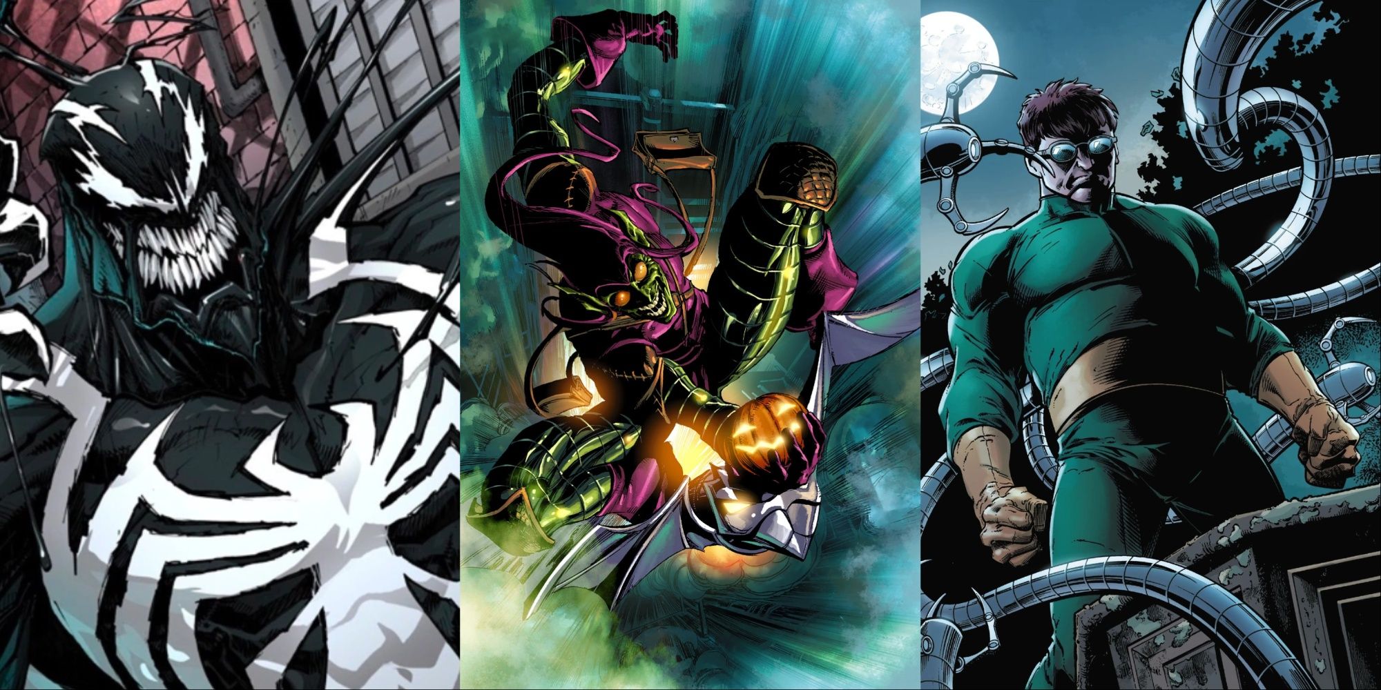 A collage of Venom, the Green Goblin and Doctor Octopus.
