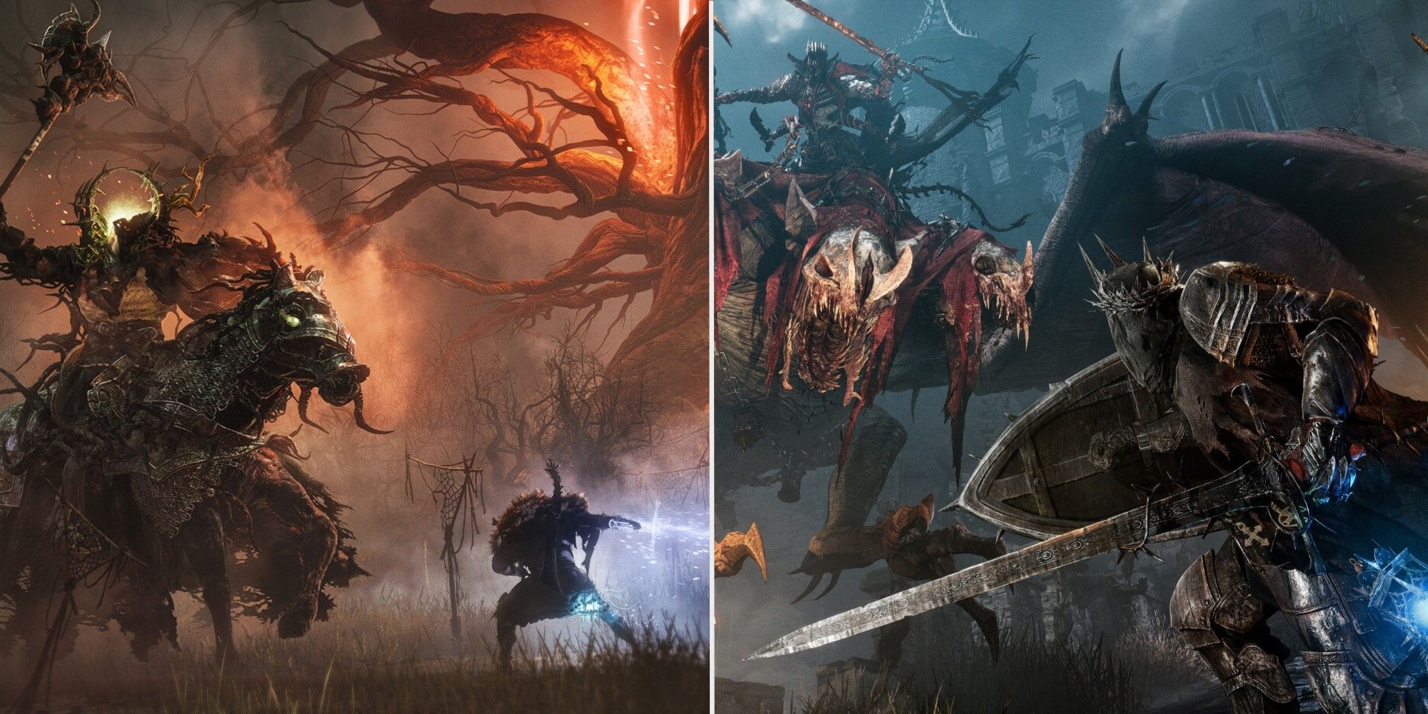 A split image of shields being used against bosses in Lords of the Fallen