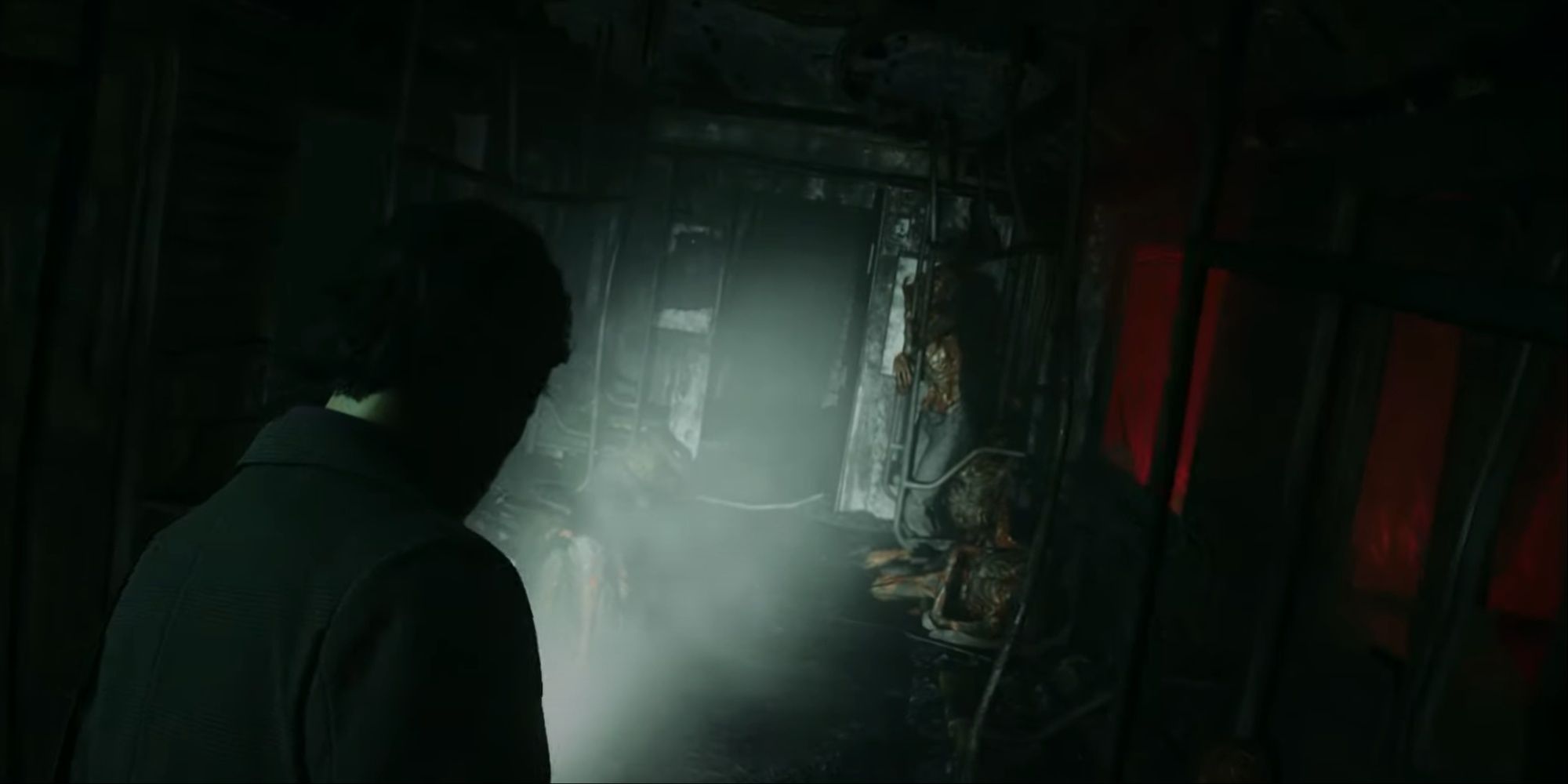 Alan walking through a scorched derailed subway car in Caldera Station, corpses laying left and right.