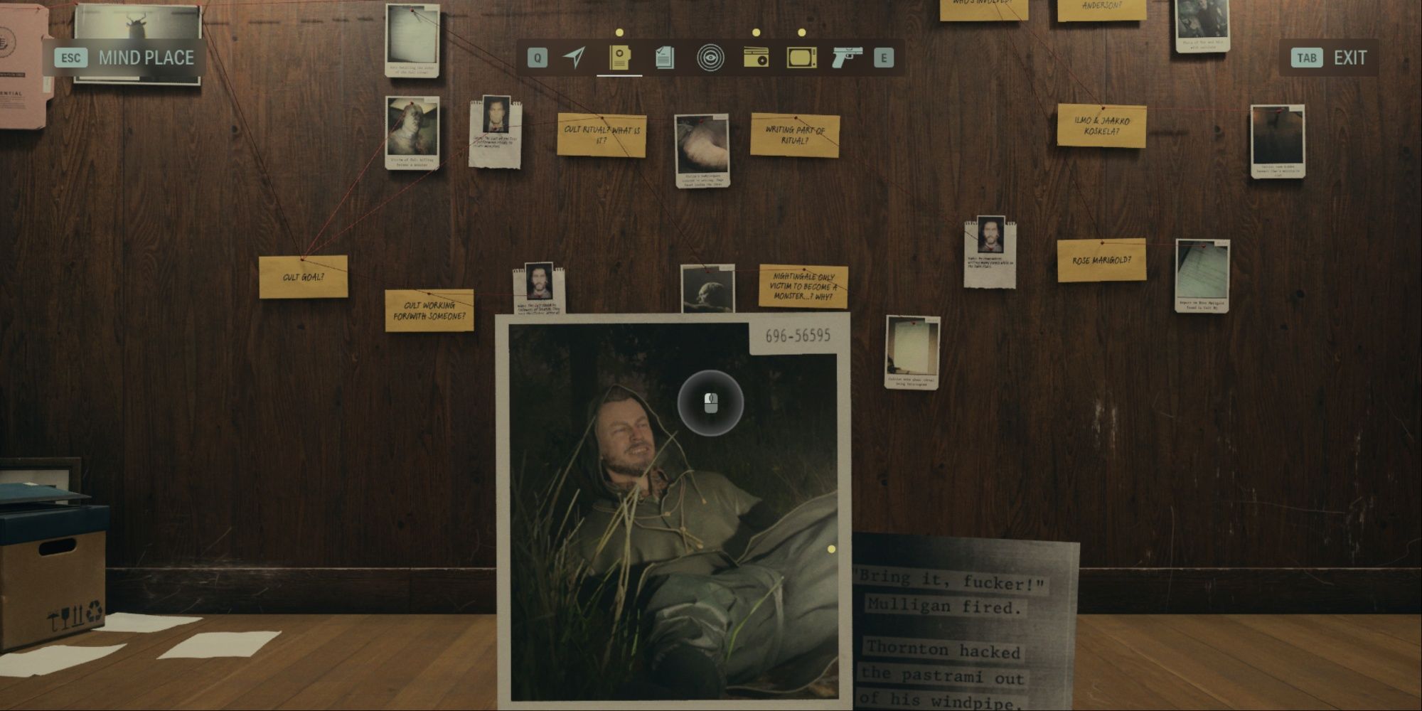 A series of pictures and post-it notes on a case board detailing goals and members of the Cult of the Tree, Ilmo Koskela unmasked at the very center.