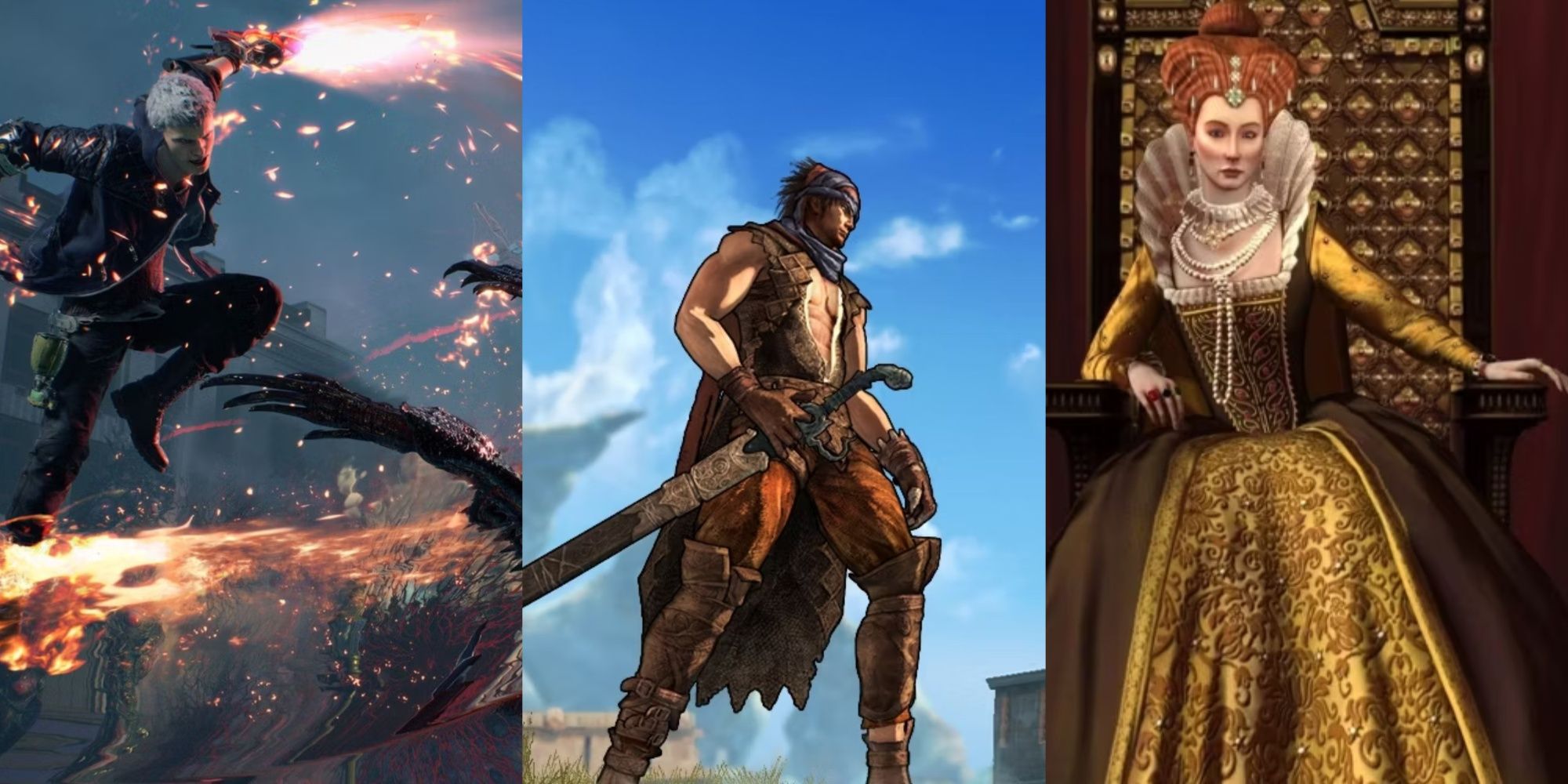 Devil May Cry 5 Nero attacking with his arm, the Prince from Prince of Persia 2008 against a deep blue sky, and Queen Elizabeth from Civilization 5, left to right