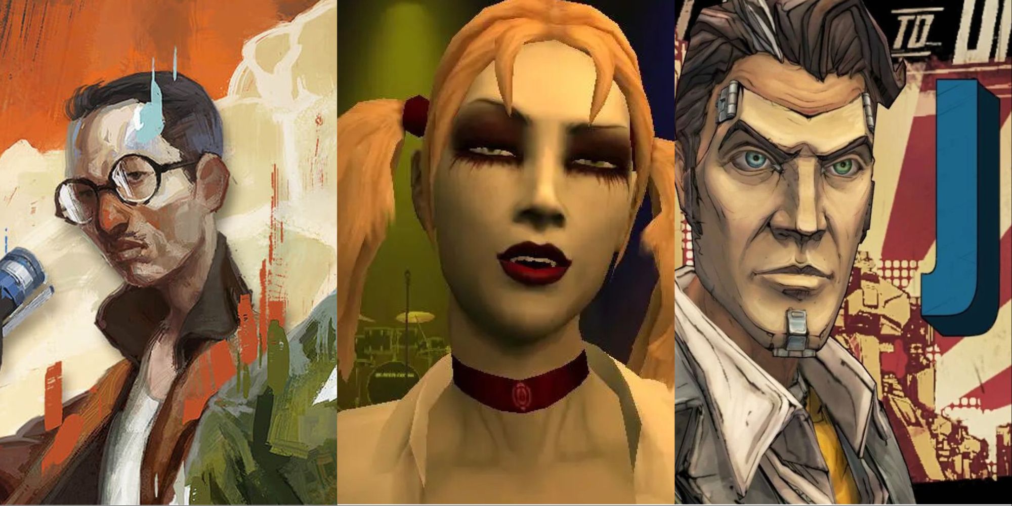 From left to right: Kim Kitsuragi from Disco Elysium, Jeanette Voerman from VTMB, and Handsome Jack from Borderlands 2