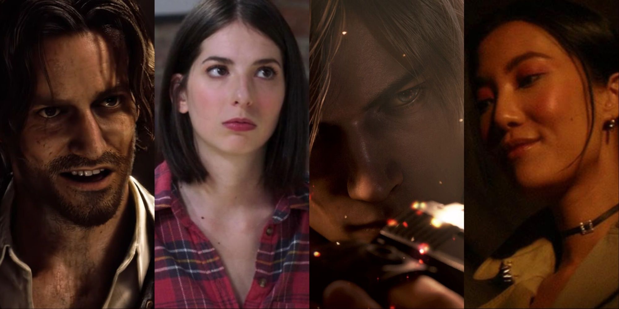 Four-image collage of Luis Serra, Ashley's actress Genevieve Buechner, Leon Kennedy aiming his gun sideways, and Lily Gao as Ada Wong in Welcome to Raccoon City.