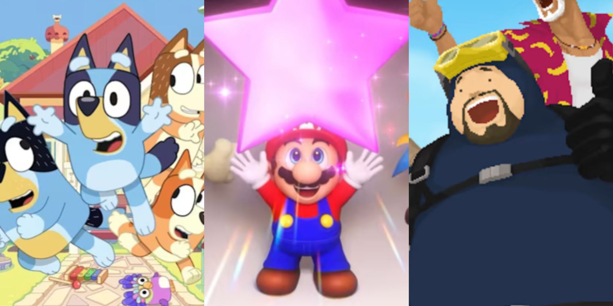 bluey with her family, mario holding up a pink star, and dave the diver