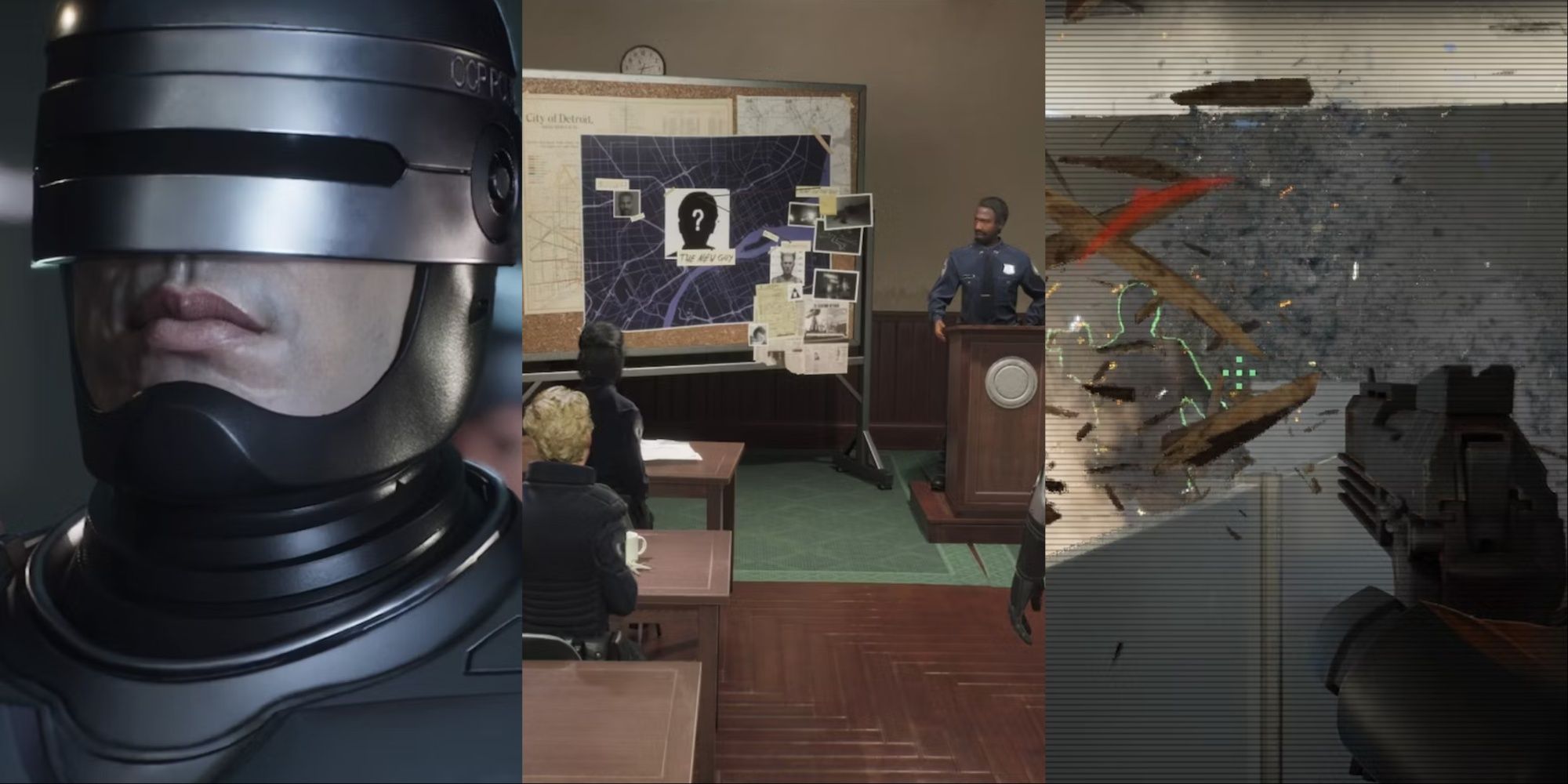 A collage showing a close shot of Robocop's face, a briefing room with police officers, and a gun shooting at someone.