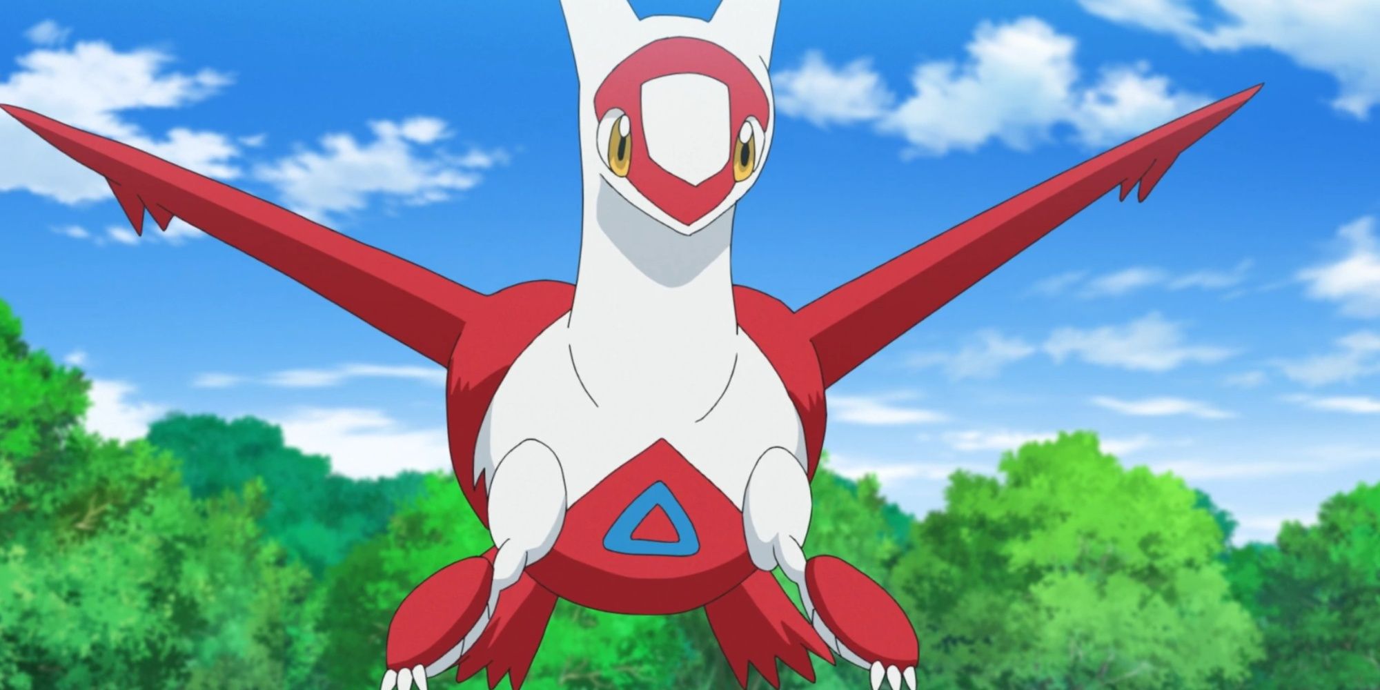 Latias Floating In Front Of A Group Of Trees