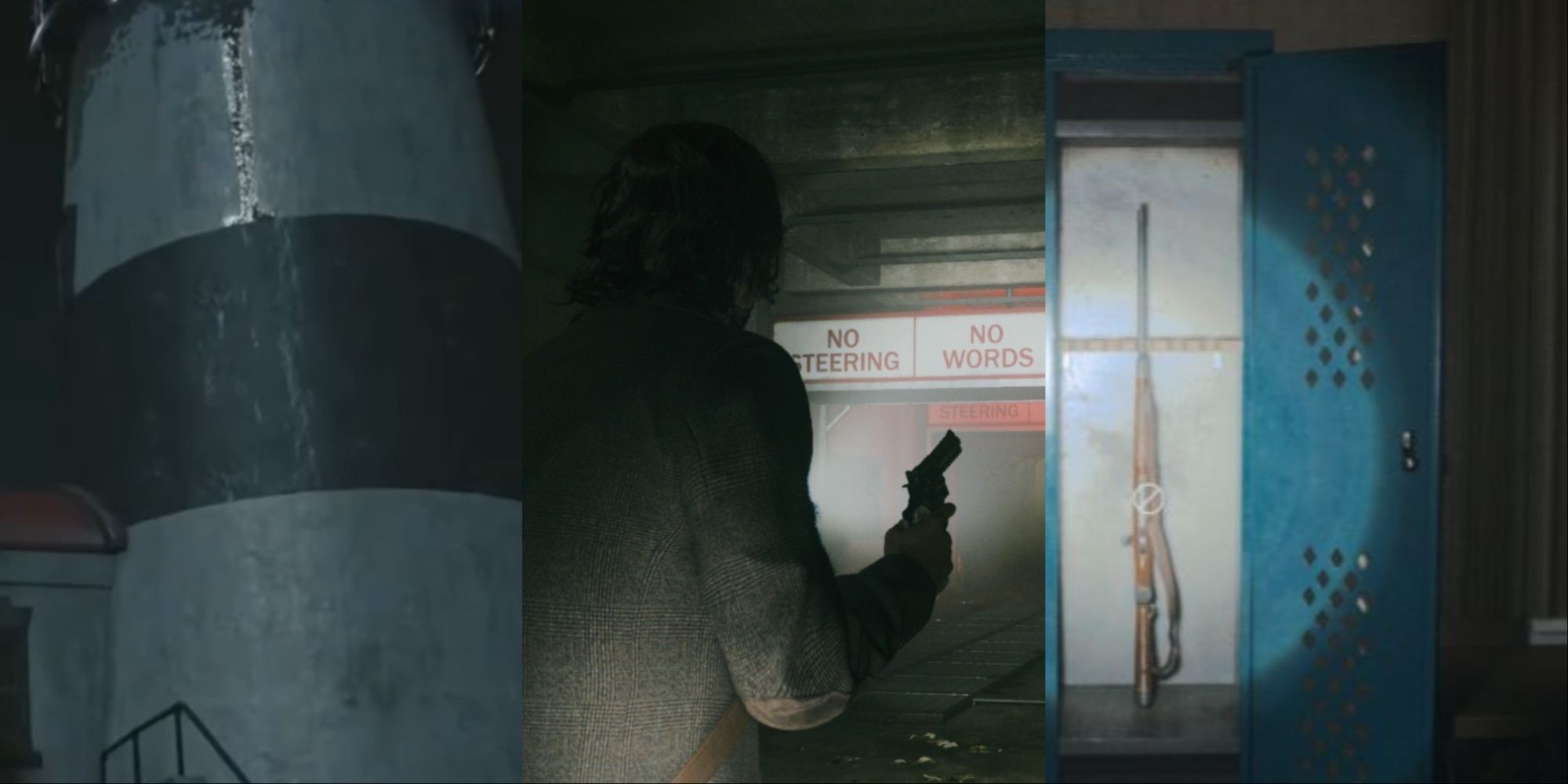 Three-image collage of the Watery Lighhouse up close in the night, Alan with his flashlight and gun inside the Car Wash, and Saga's flashlight shining on the hunting rifle in the blue locker.