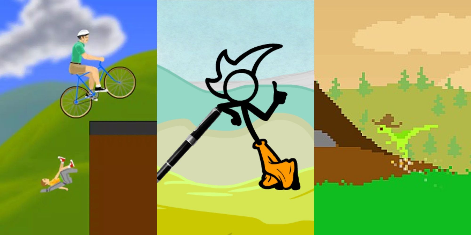 A collage showing happy wheels dad loses his son, fancy pants poses with a pen, and a dino in a cowboy hat from dino run.