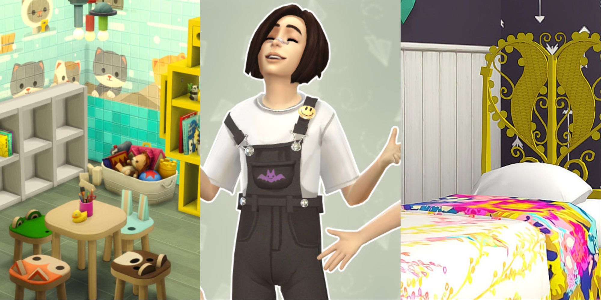From left to right: kids' room furniture set, overalls for children, and a modern decor themed kids' room set