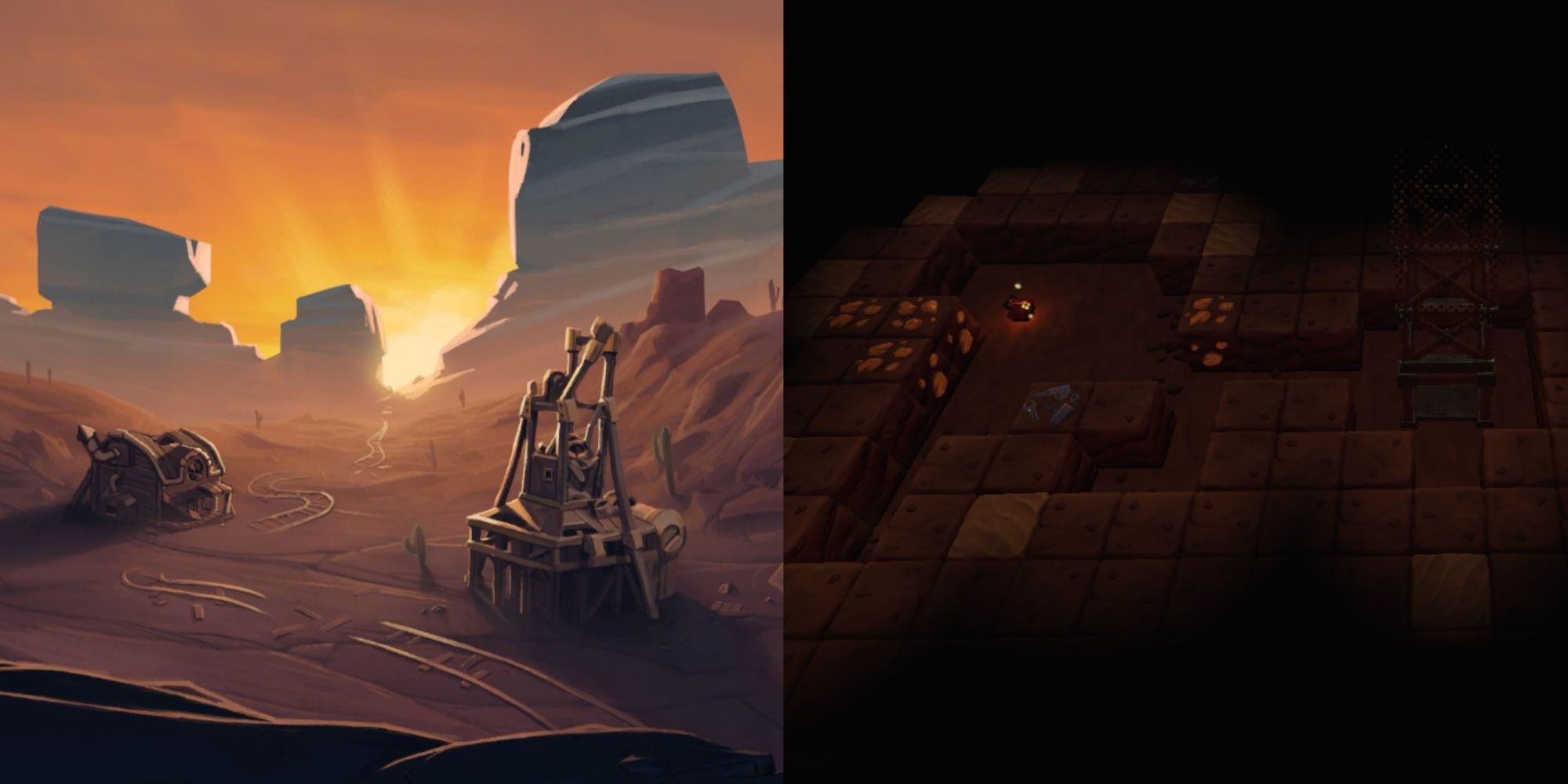 Split image featuring cutscene artwork of the abandoned train station and abandoned mineshaft and the first entry into Dusty Caverns showing gold nuggets, a chest, and the entrance in Steamworld Build.
