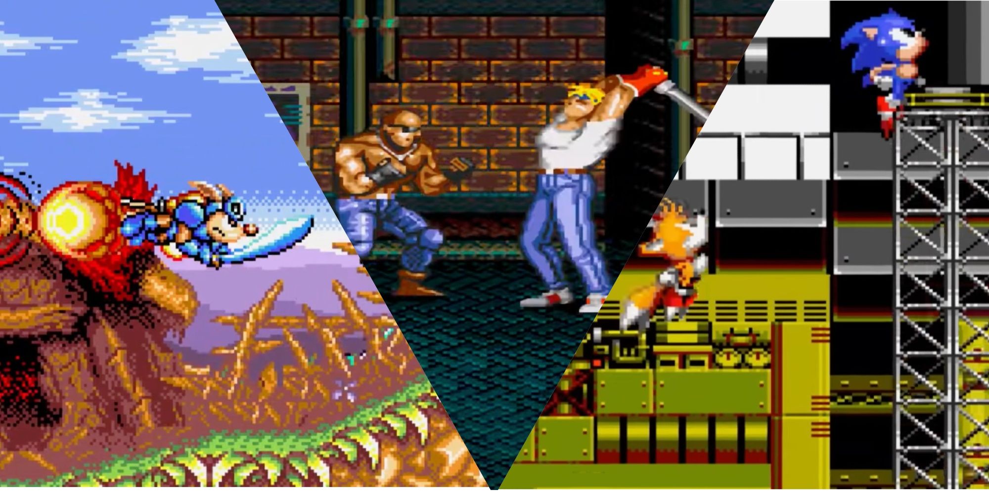 Collage image of Rocket Knight Adventures, Streets of Rage 2, and Sonic the Hedgehog 2.