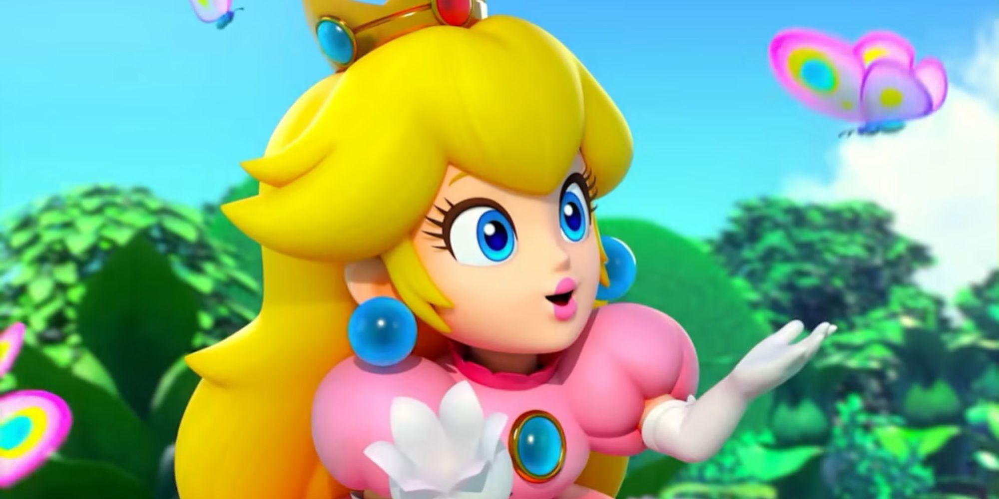 princess peach looking at a butterfly in super mario rpg