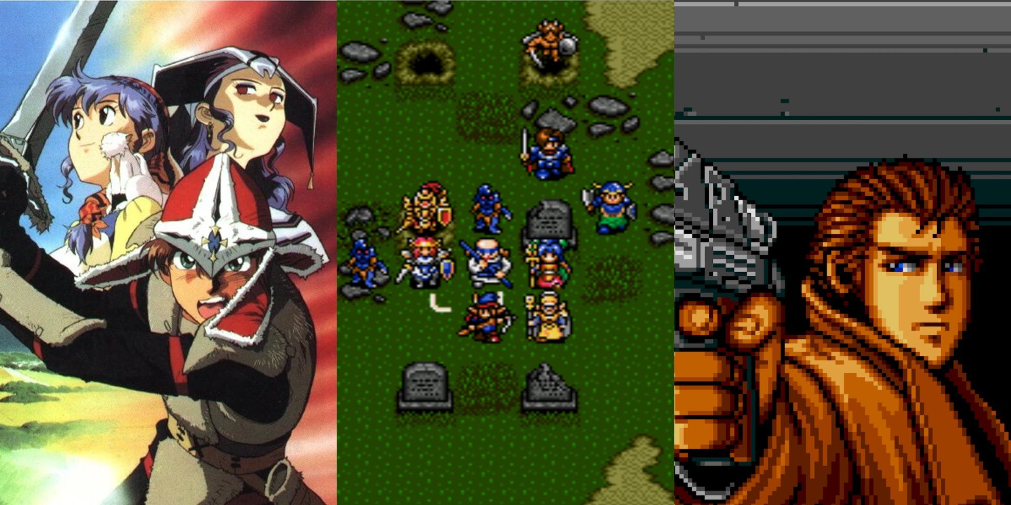 Lunar: The Silver Star characters ready to fight, Shining Force CD characters on the map screen, and Snatcher points a gun