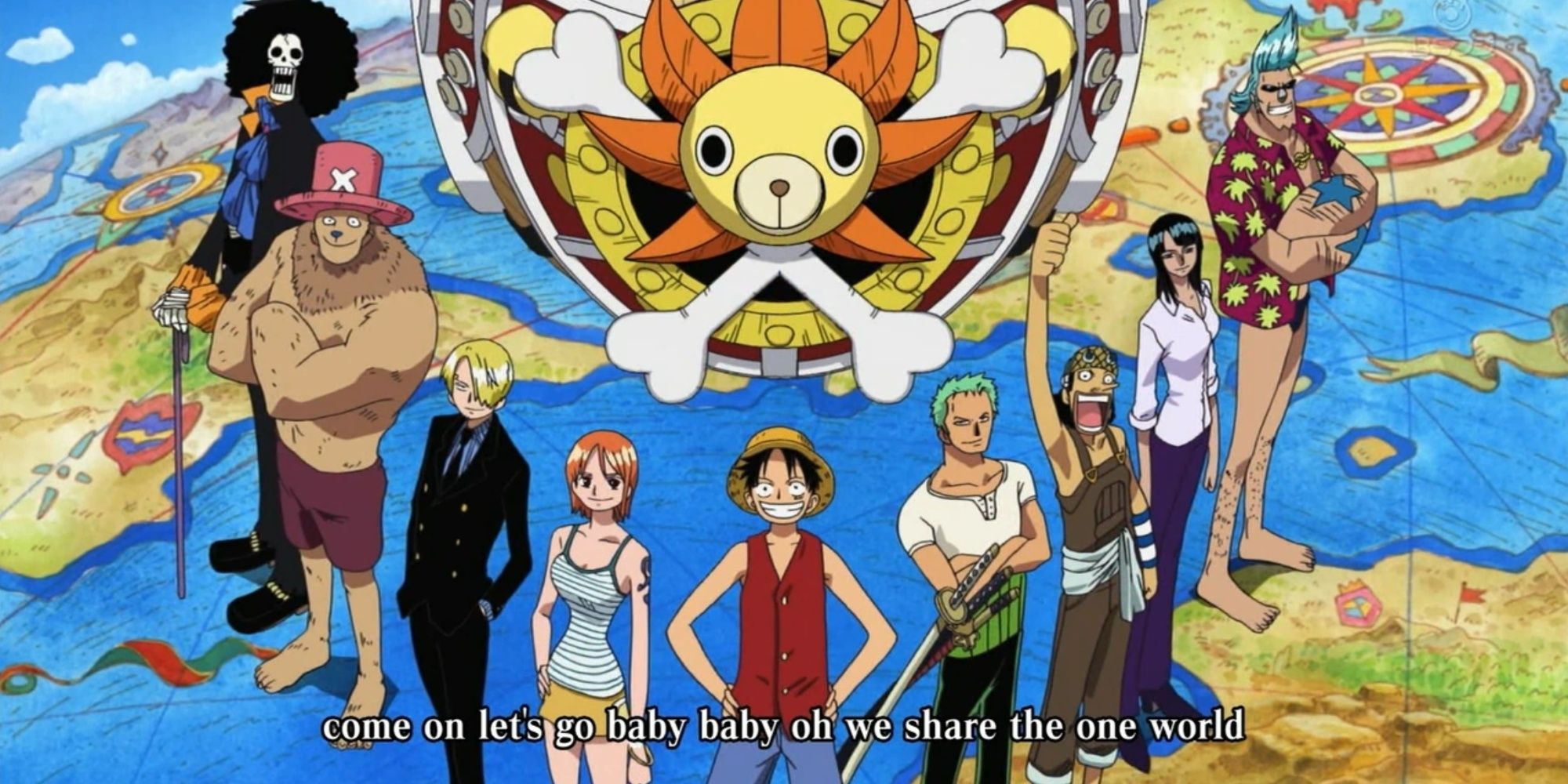The Straw Hat Pirates Standing On A Sea Chart