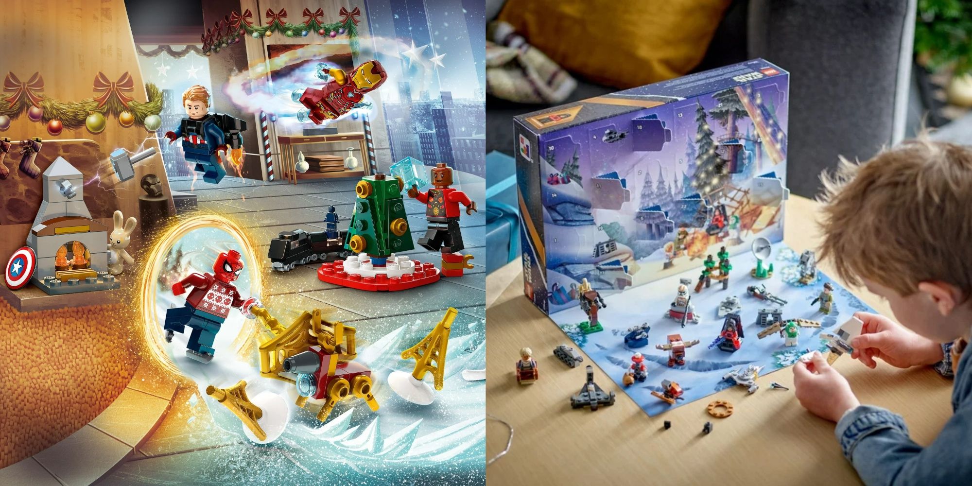 lego marvel advent calendar characters, and someone playing with a lego star wars advent calendar