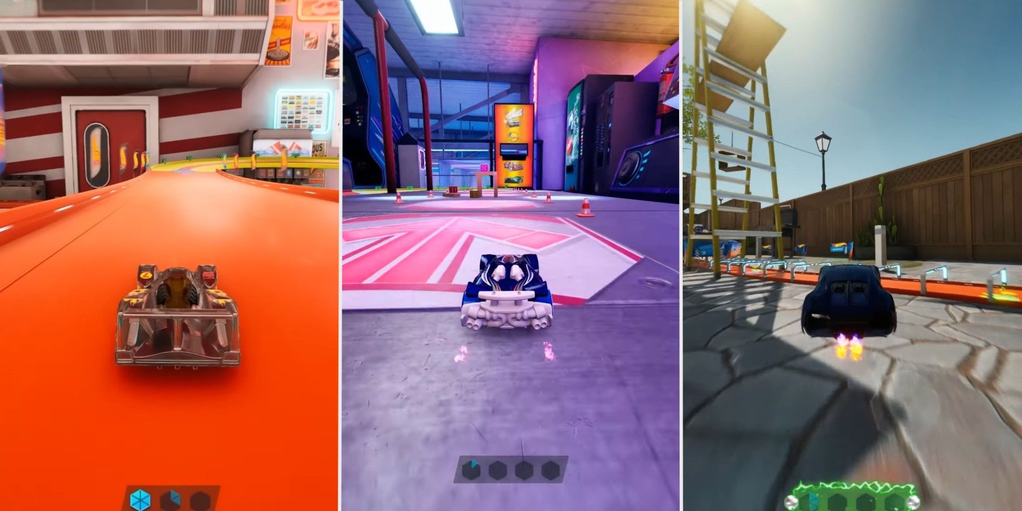 A split image of cars racing in Gas Station, Arcade and Backyard in Hot Wheels Unleashed 2 Turbocharged