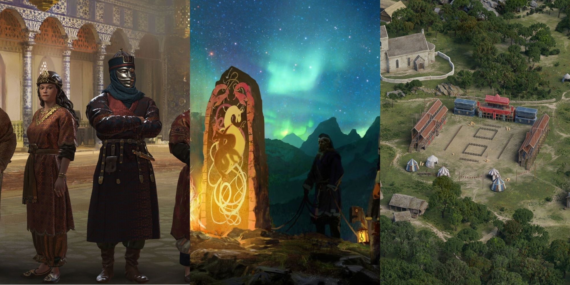 Crusader Kings 3 Persian characters stood together, Runestone and the northern lights in the background, a tourney in Crusader kings 3 left to right