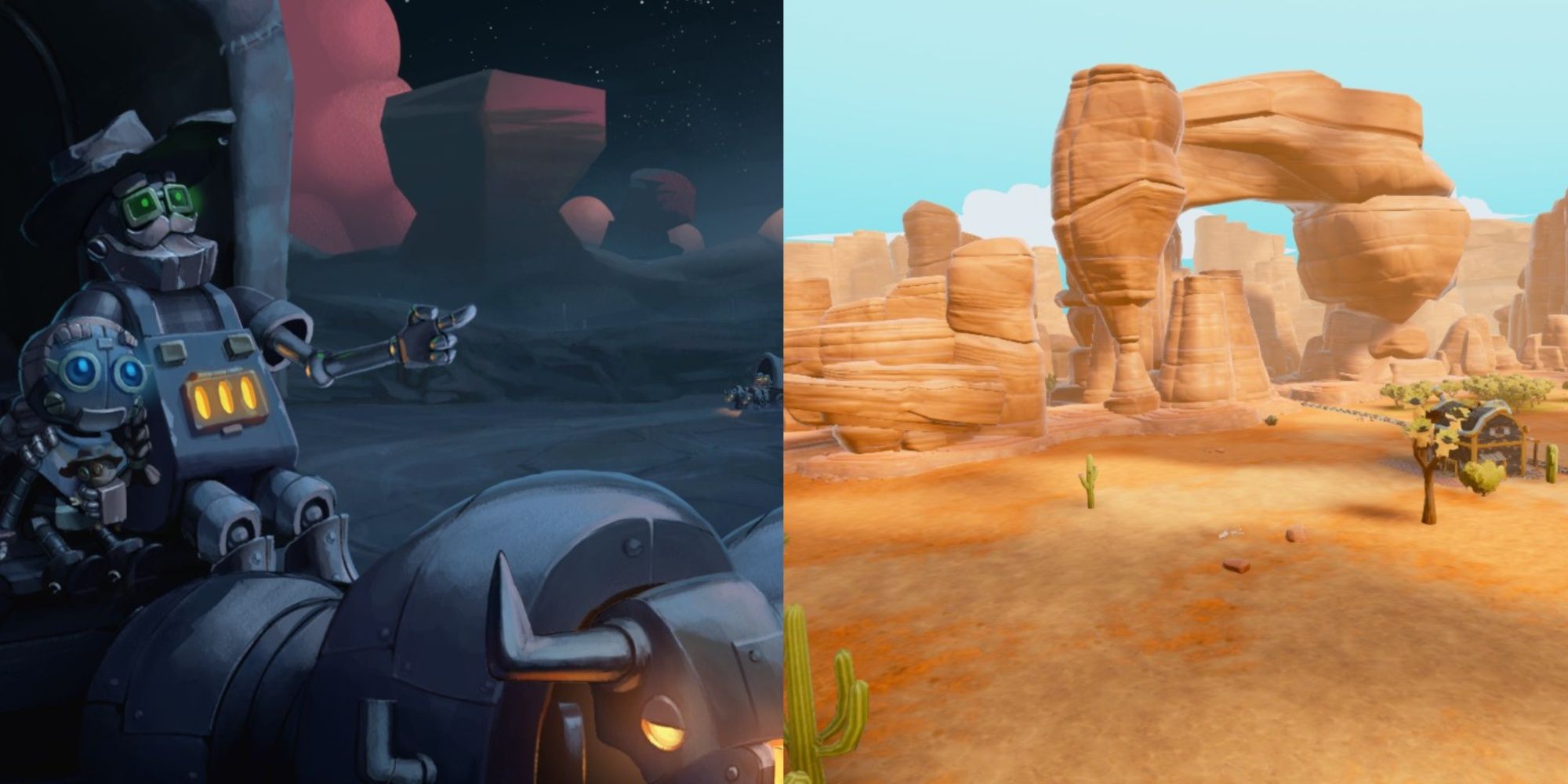 Split image featuring cutscene art of Jack and Astrid Clutchsprocket arriving into the area during the night and a view of the Grand Gully map showing a large rock formation in Steamworld Build.