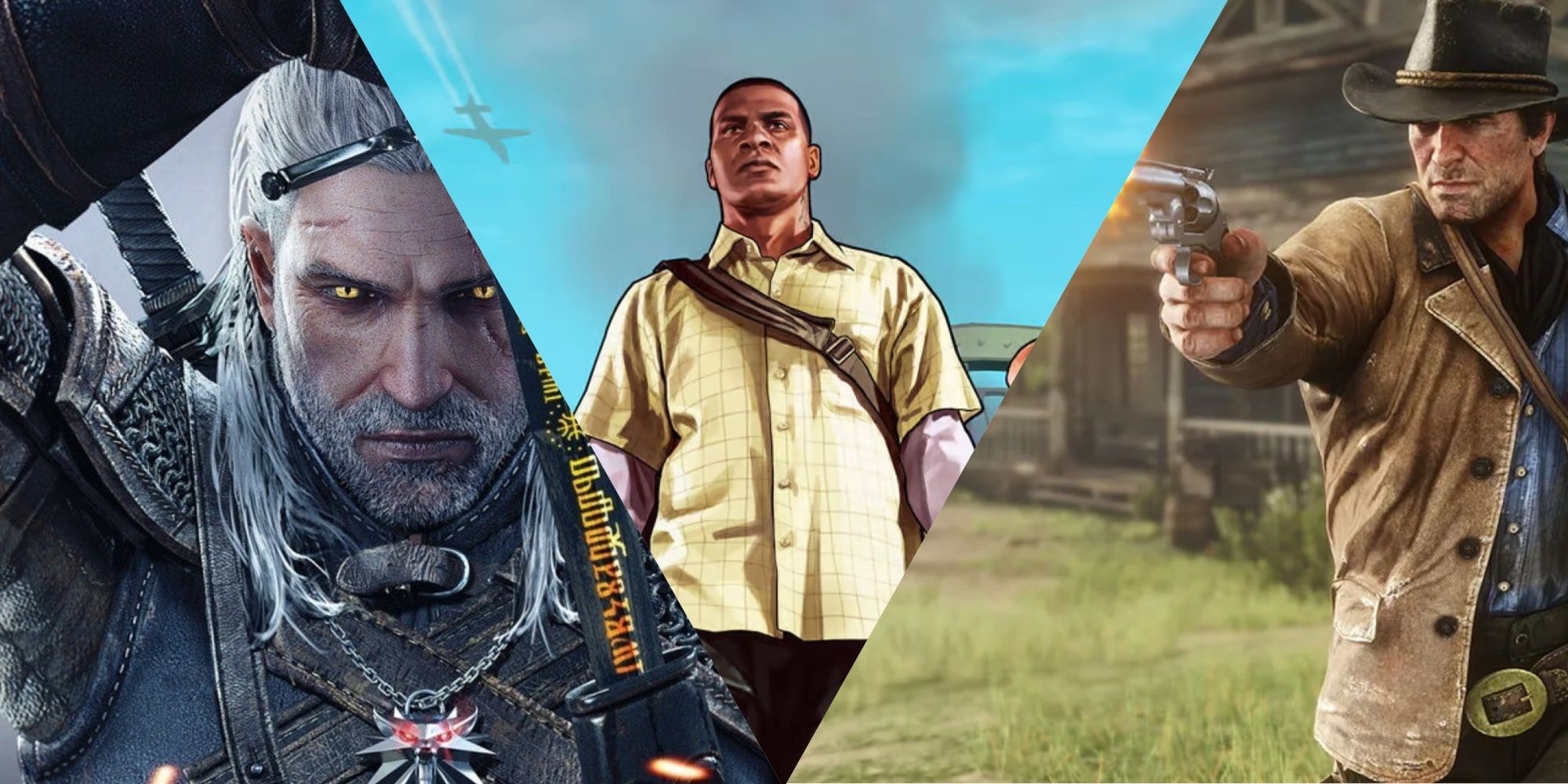 Geralt (witcher 3) left, Franklin (GTA 5) middle, Arthur (RDR2) Right