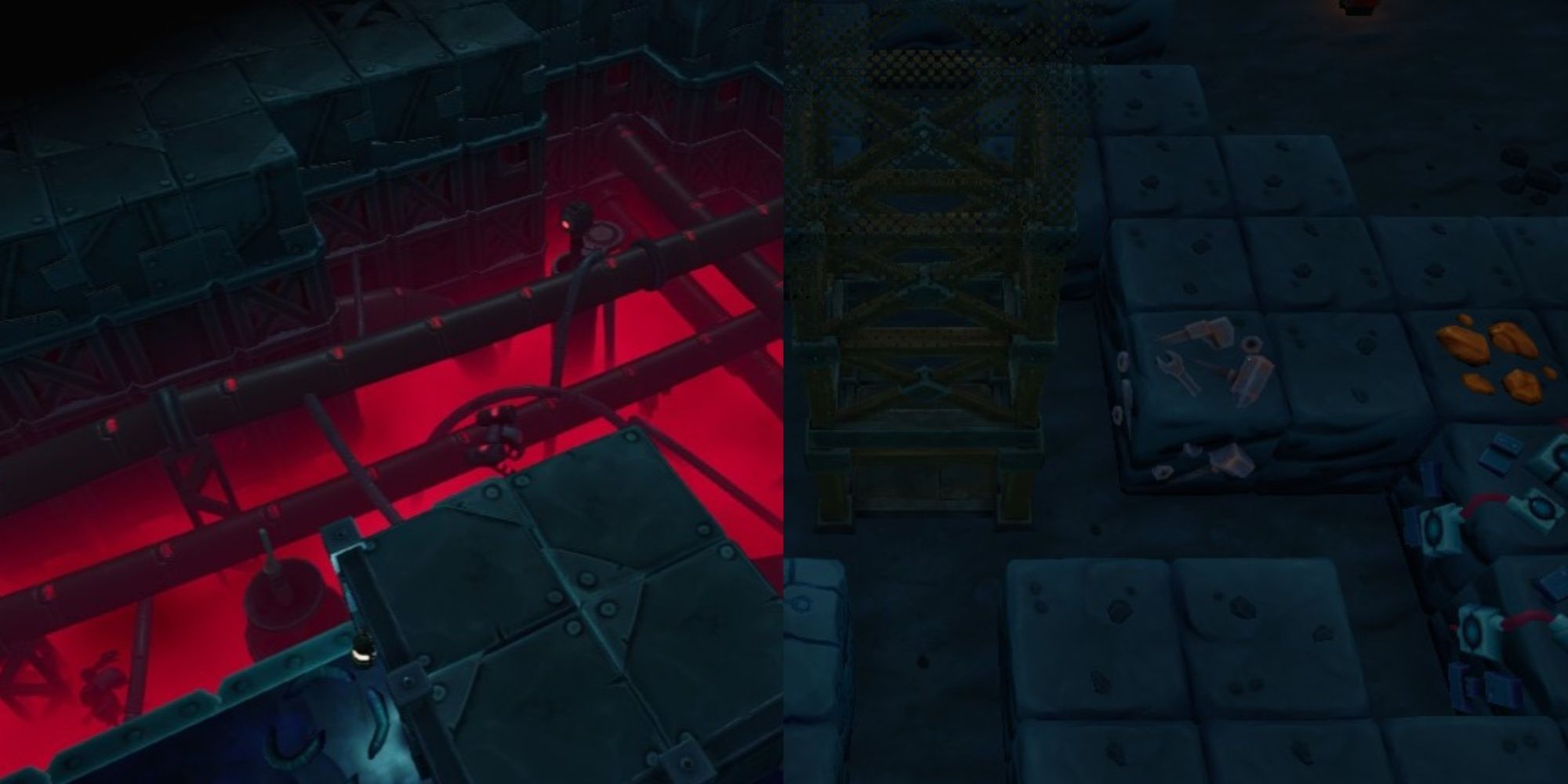 Split image featuring a glowing, mechanical pit with pipes running through and undead bots and the entrance to Crackling Depths with resources in tiles nearby in Steamworld Build.