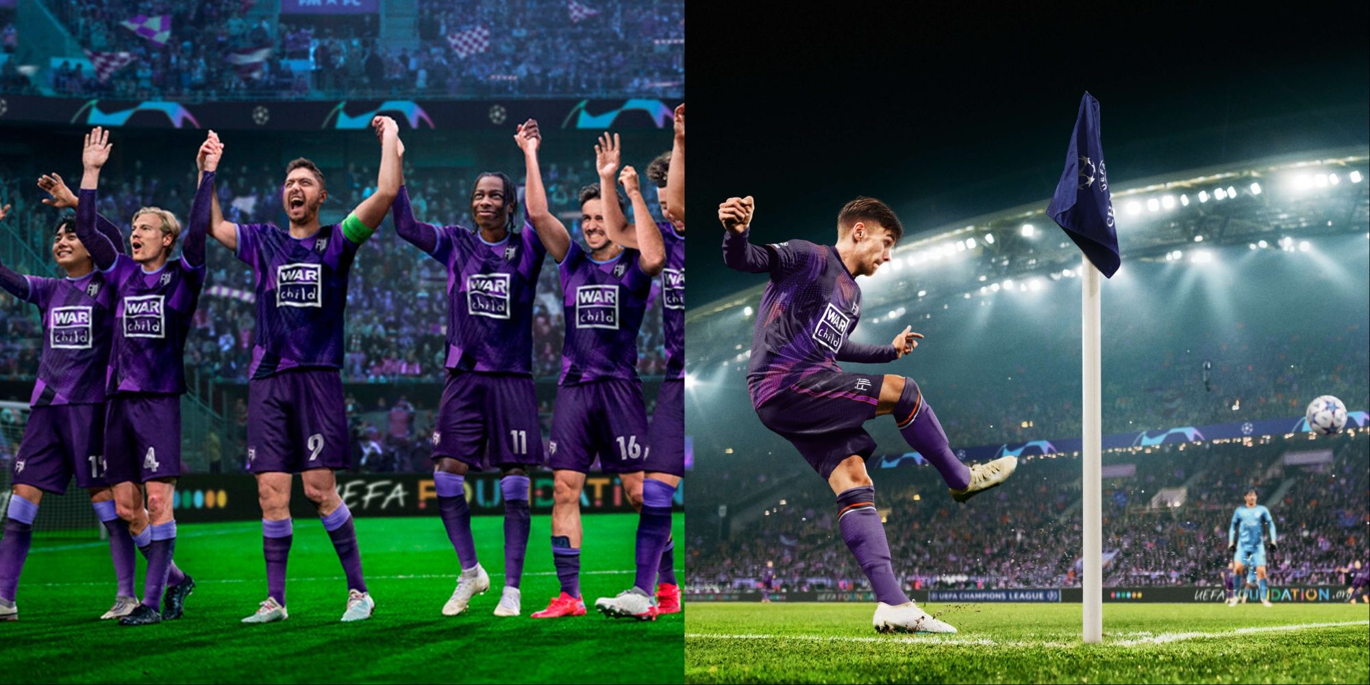 A collage of two promotional pictures showing players cheering and one kicking a corner.