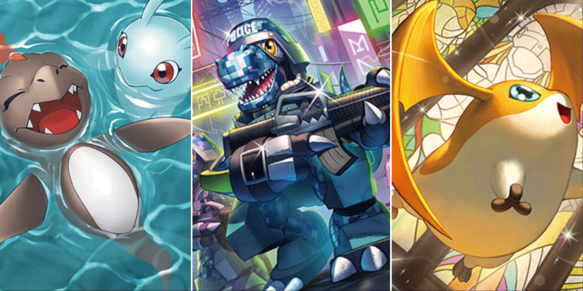 Collage of bukamon, commandramon, and patamon in the digimon card game bt14 blast ace