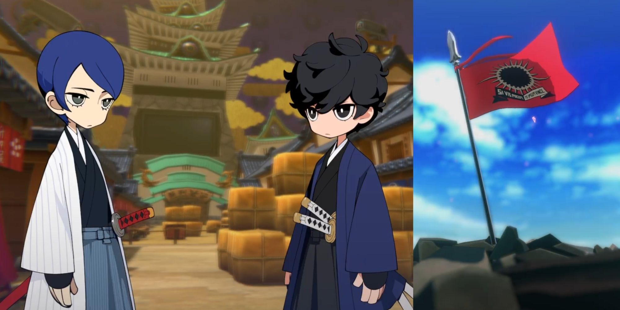 A collage of Yusuke and Joker in their second kingdom disguises with Erina's flag planted in Persona 5 Tactica.
