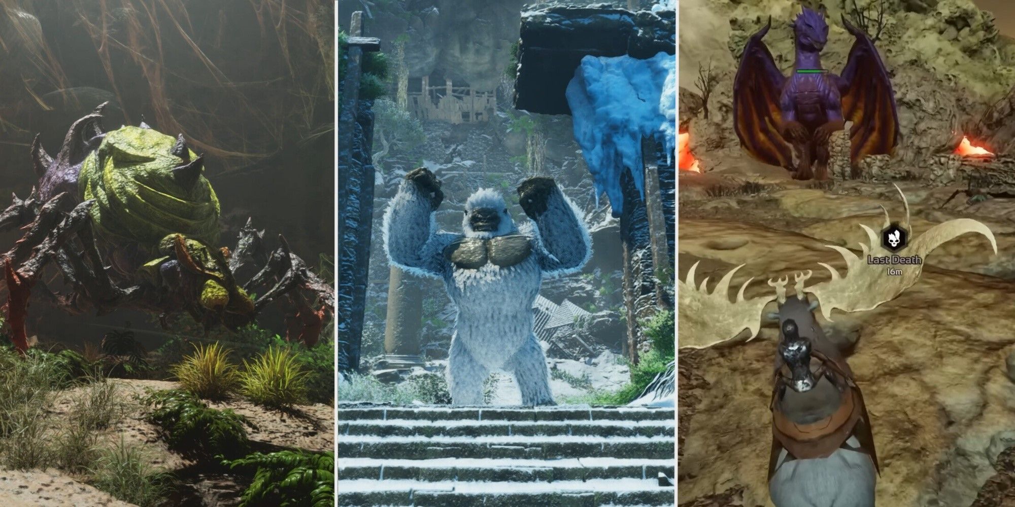 A split image of the Broodmother, Megapithecus and Dragon in Ark: Survival Ascended