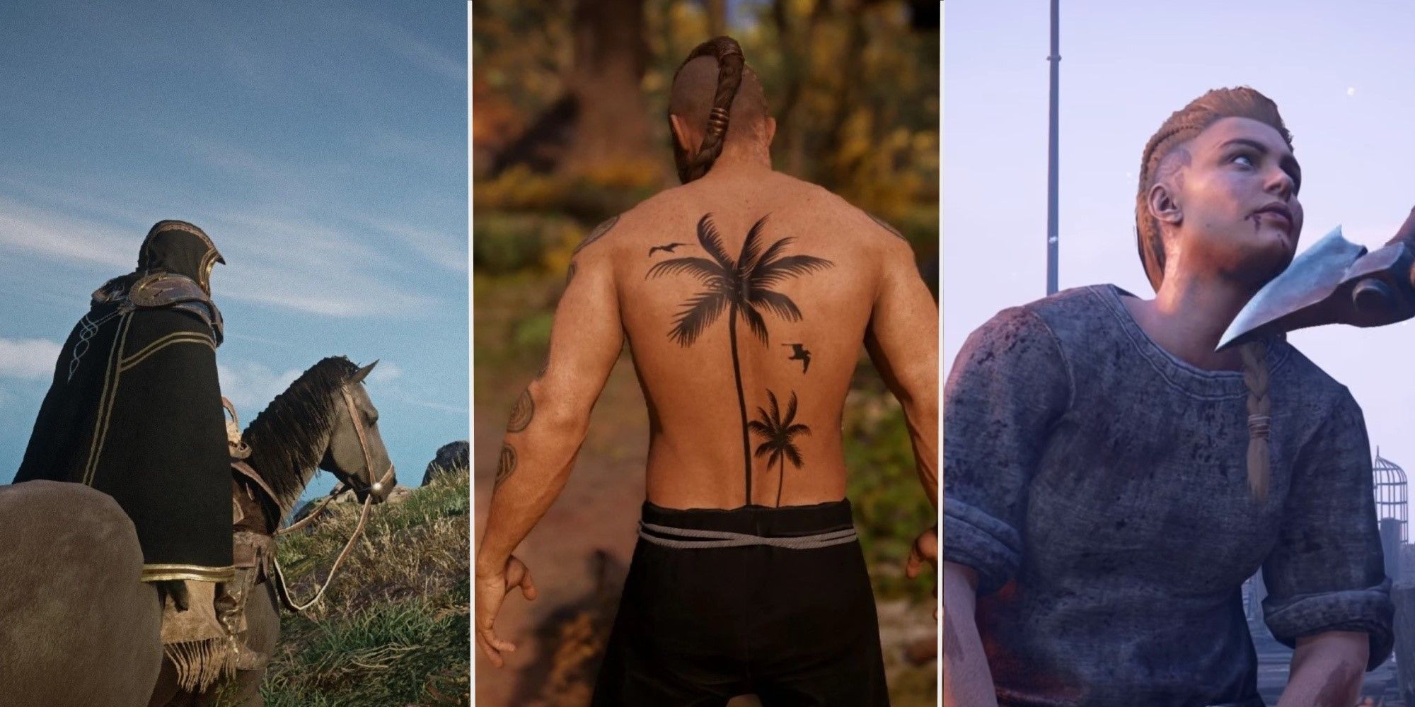 A split image depicting the Color Correction, Full Body Tattoo Editor and Fix Cutscenes Ultrawide mods in Assassin's Creed Valhalla