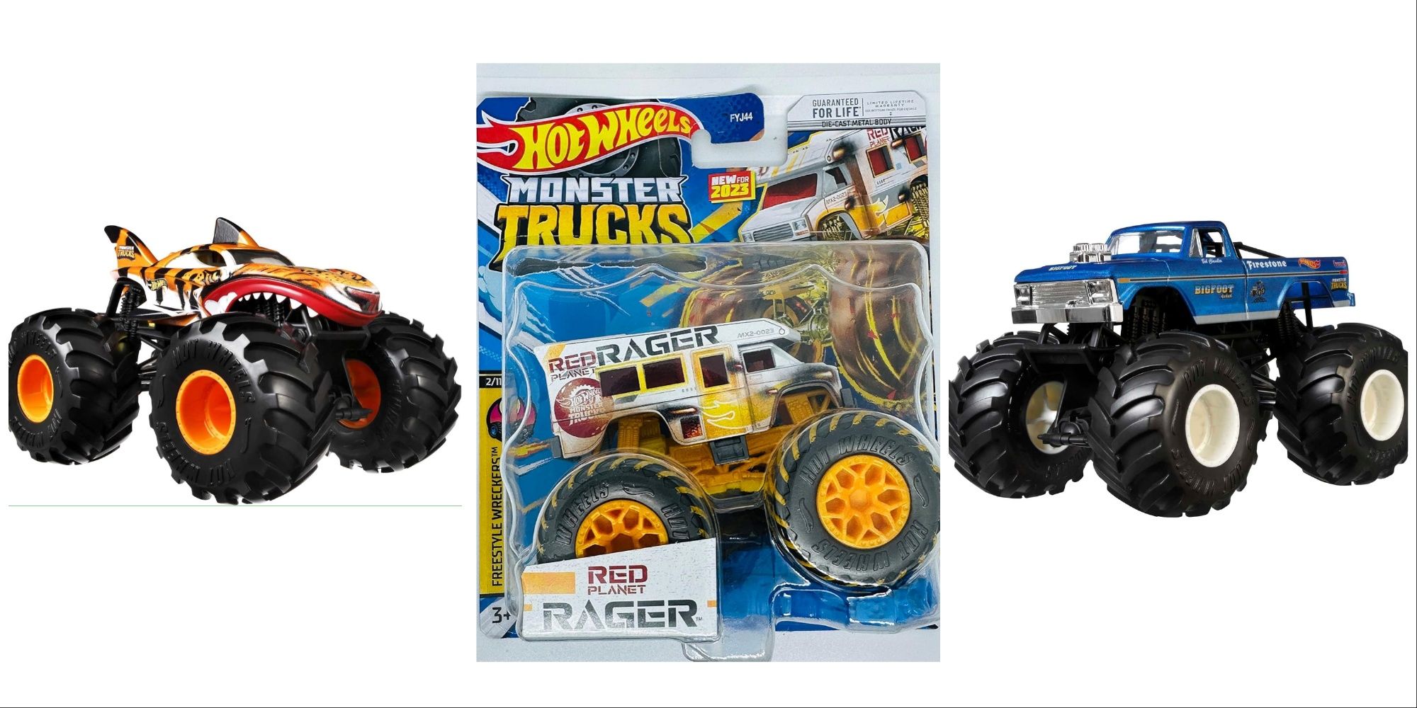 Three monster truck Hot Wheels models arranged in a row. Tiger Shark is on the left, with Red Rager in the center still in its box, and Bigfoot on the right.
