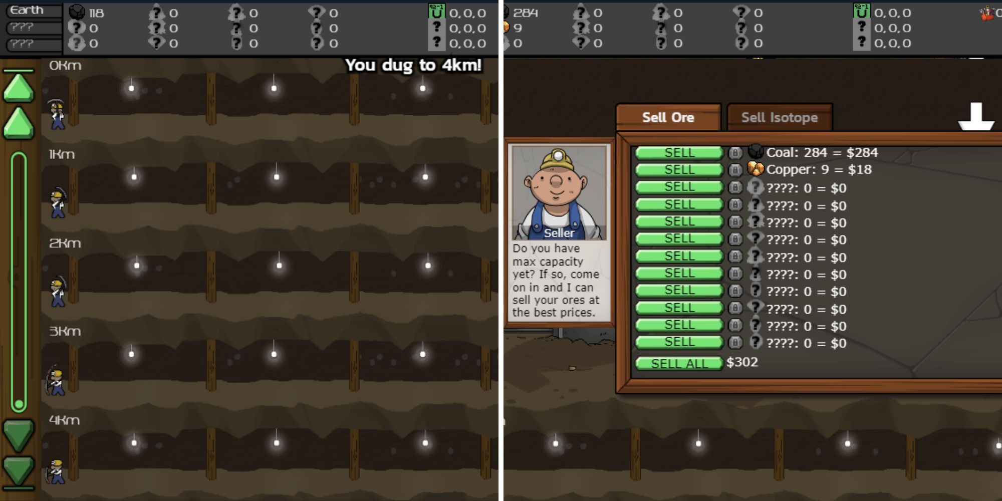 A split image of little 2D miners on various levels of a mine, and a selling UI screen with green buttons.