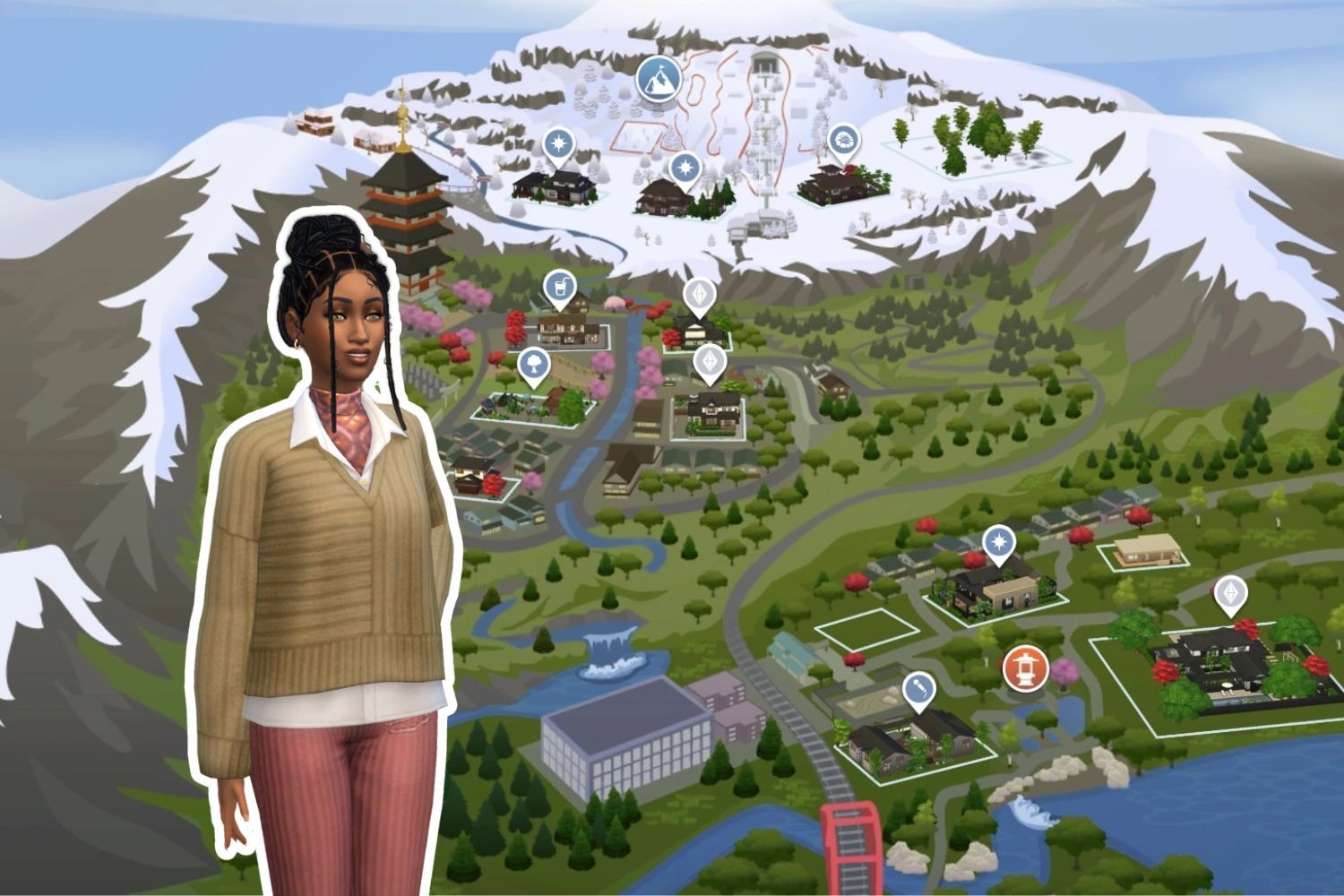A feminine Sim stands in front of a map of Mount Komorebi wearing cozy clothes.