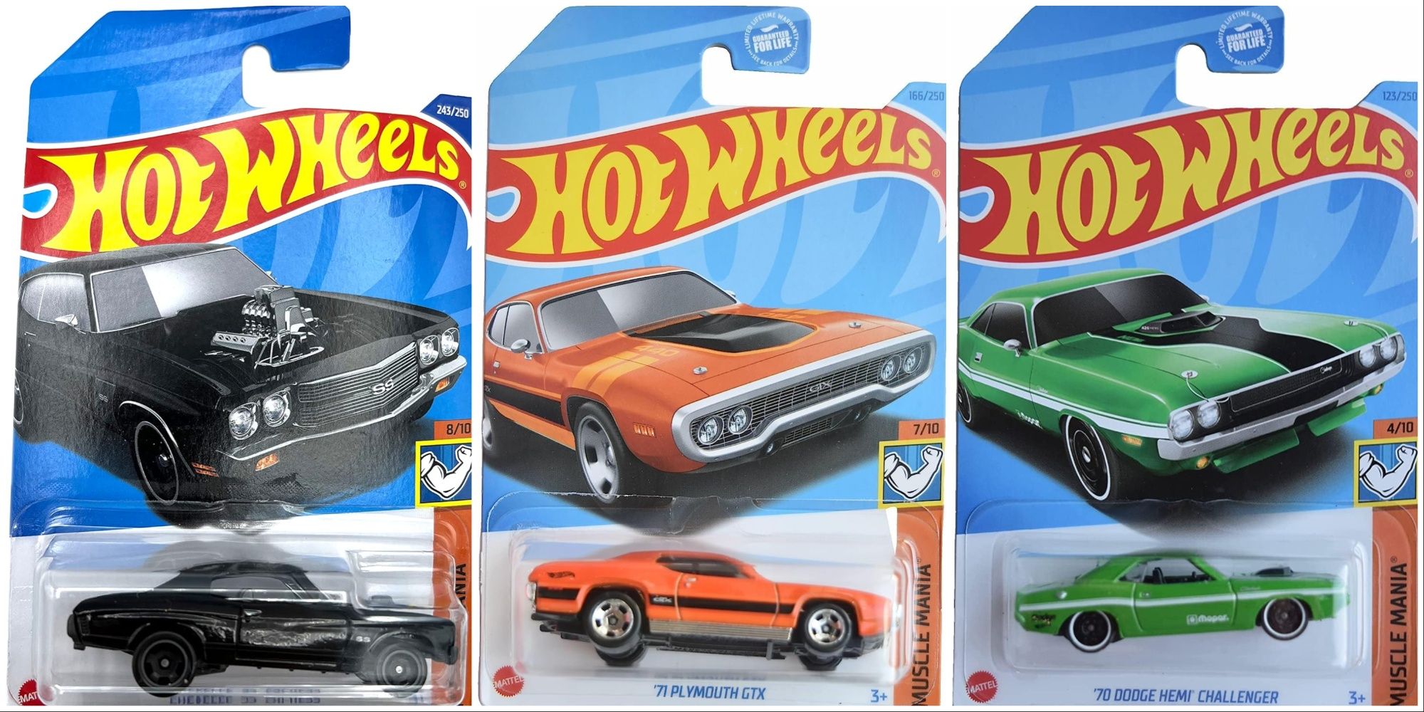 A trio of Hot Wheels Muscle Cars arranged in a row. From left to right, a black Chevelle, an orange Plymouth, and a green Hemi.