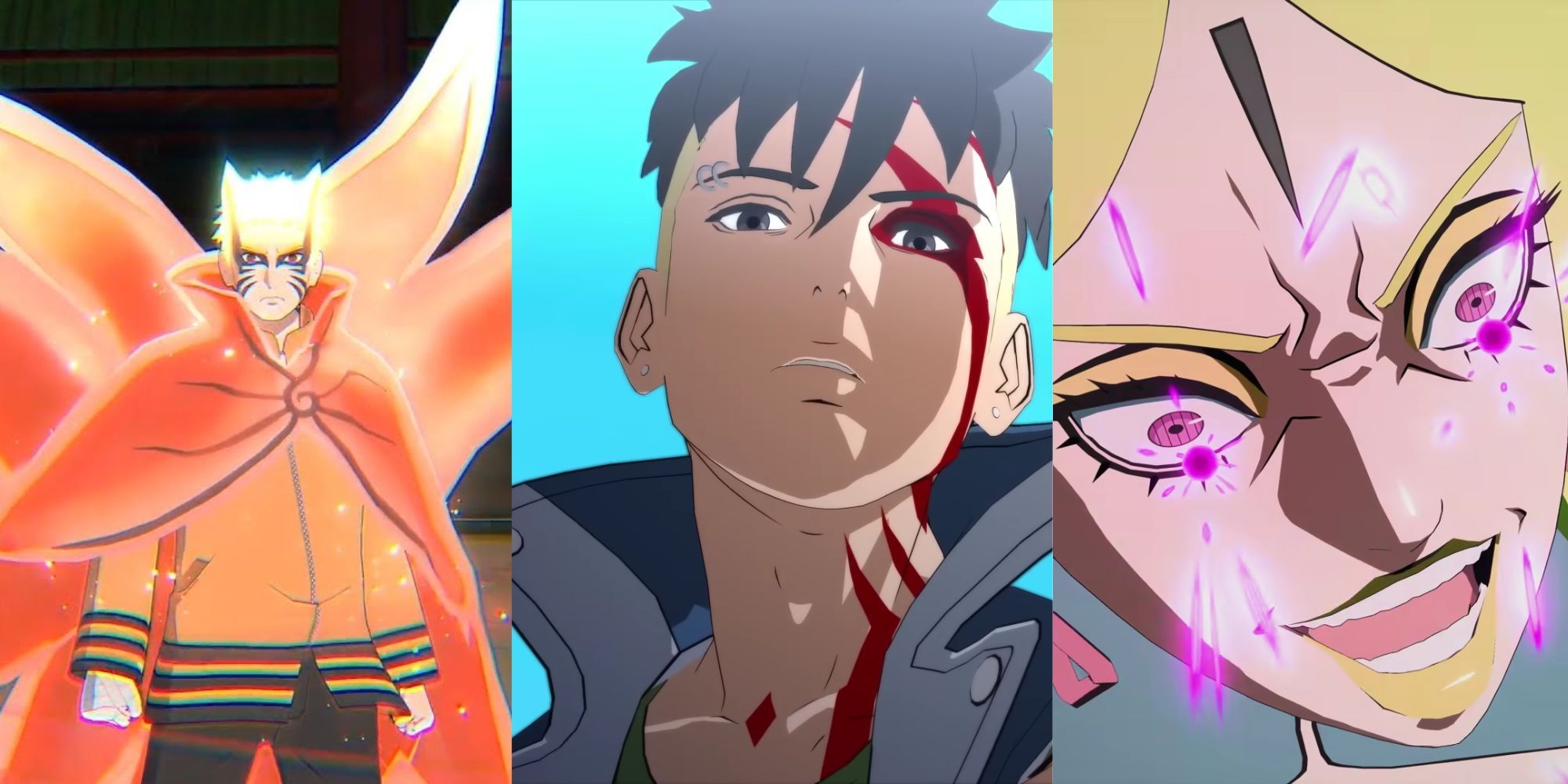 A split between Baryon Mode Naruto, Kawaki, and Delta in Ultimate Ninja Storm Connections.