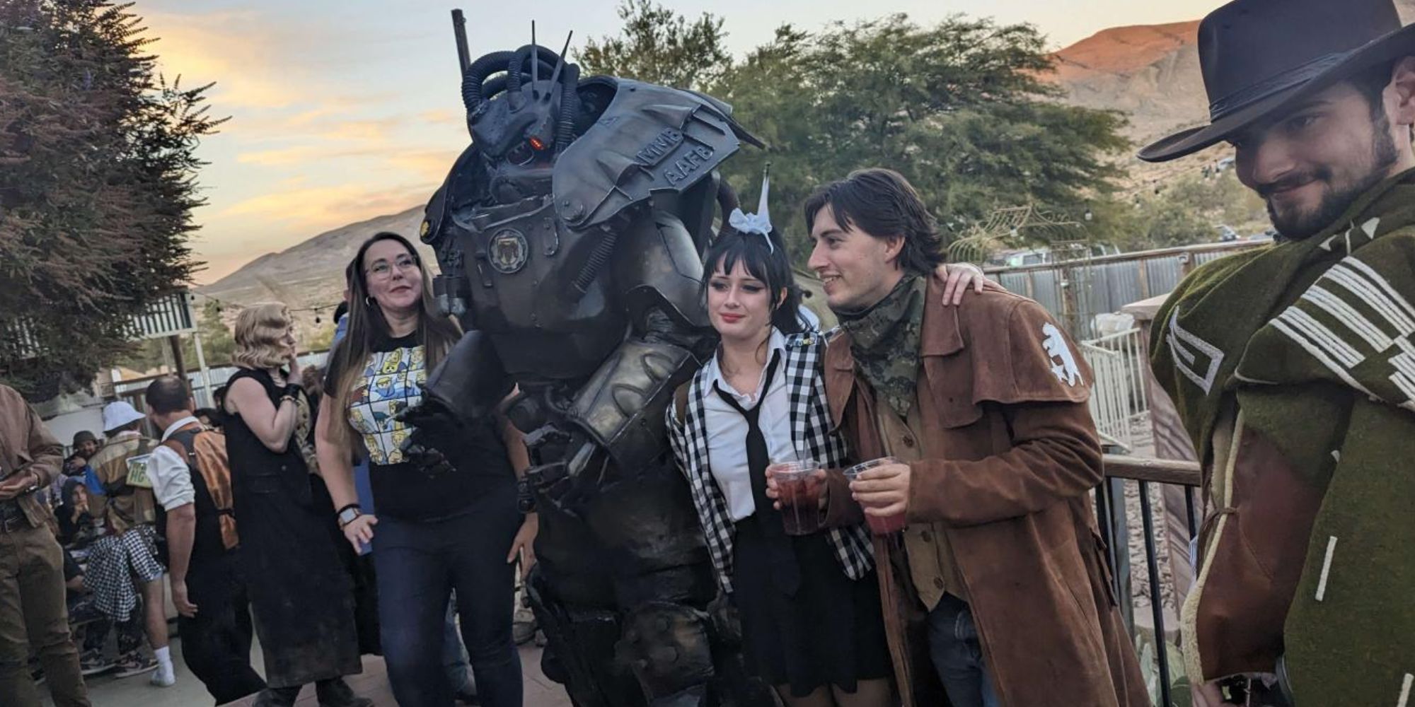 Fans of the game Fallout: New Vegas meet up in Goodsprings, Nevada. One fan can be seen in huge power armour