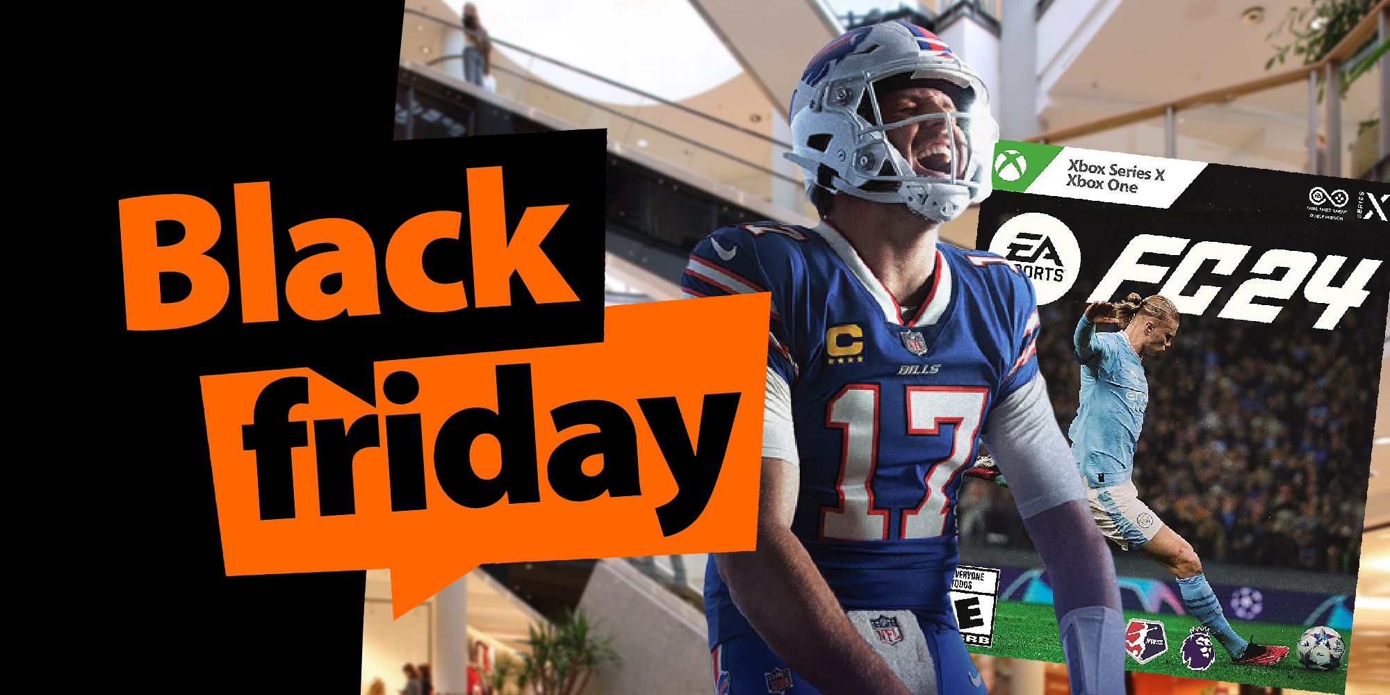 nfl madden player and a copy of ea sports fc 24 with the black friday template