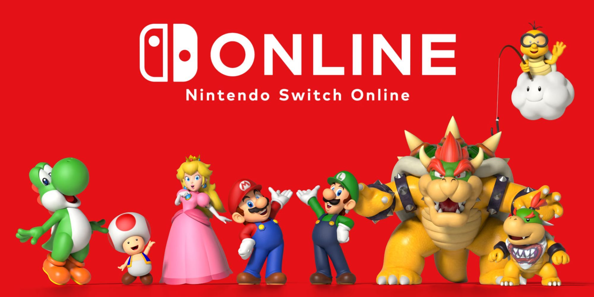 Nintendo Switch Online Yoshi, Toad, Peach, Mario, Luigi, Bowser, Bowser Jr., and Lakitu pose together