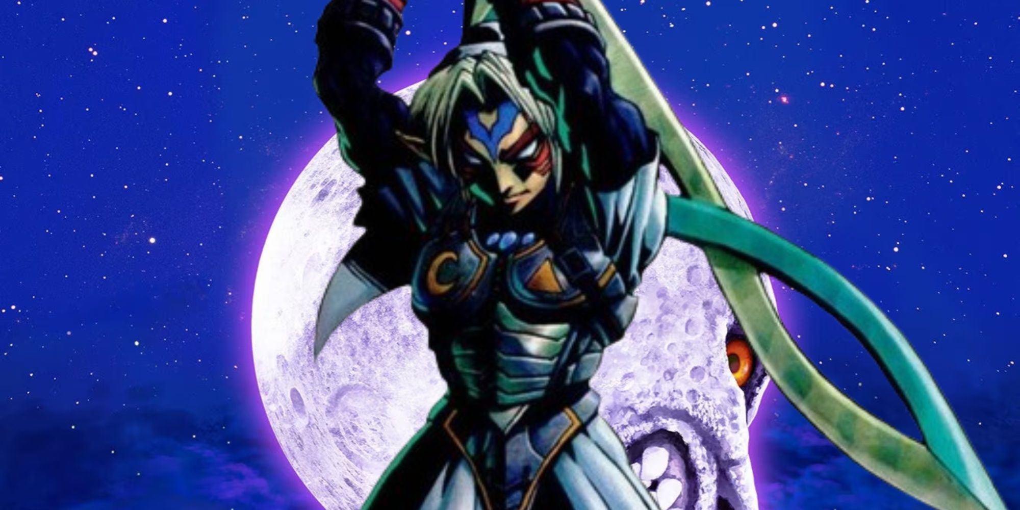official art of the fierce deity in front of the majora's mask moon in the night sky