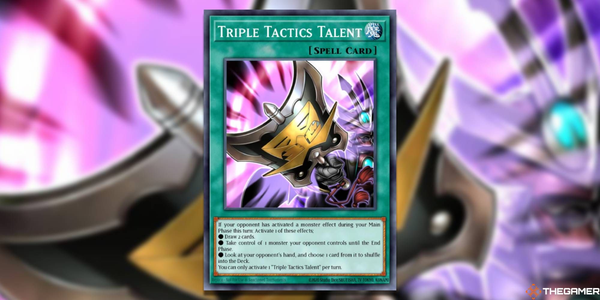 Yu-Gi-Oh! Card: Triple Tactics Talent, with card image as background and TheGamer logo