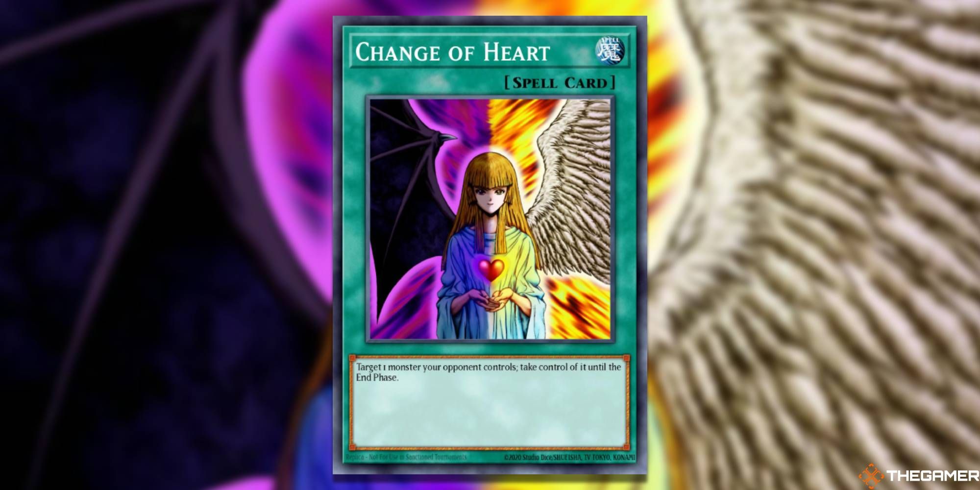 Yu-Gi-Oh! Card: Change Of Heart, with background illustration and TheGamer logo