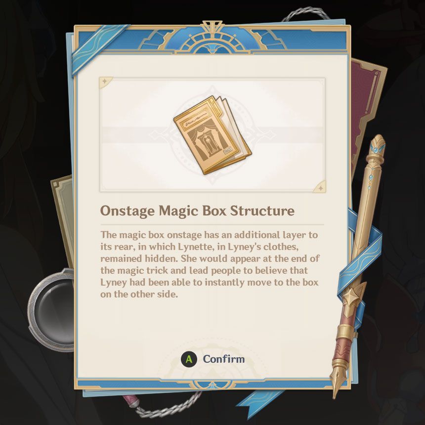 An image depicting a notebook page with key information about the Onstage Magic Box Structure, a clue in Lyney's case in Genshin Impact.
