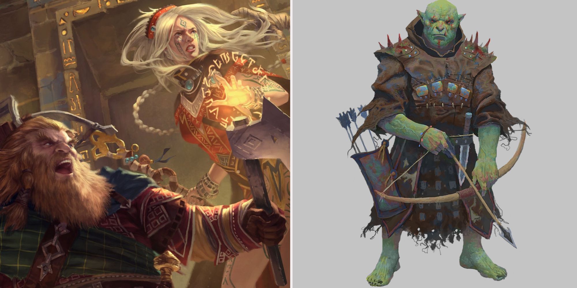 On the left, a picture of two adventures being attacked, while on the right is a picture of an orc ranger.