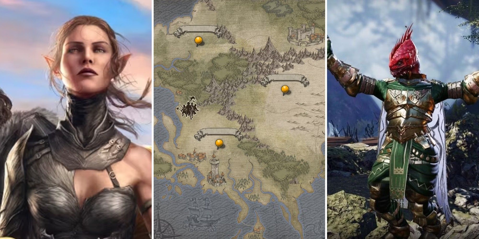 A collage showing a female character, a map, and a red lizard.