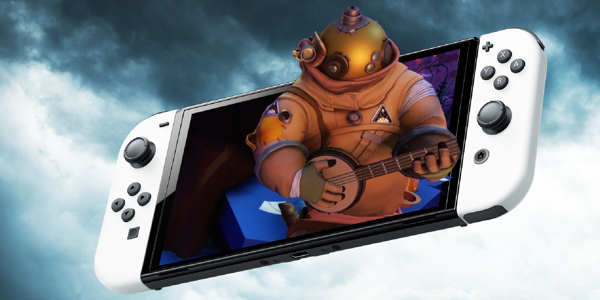 A Nintendo Switch console set against a blue-gray sky, with an Outer Wilds character playing banjo emerging from the Switch