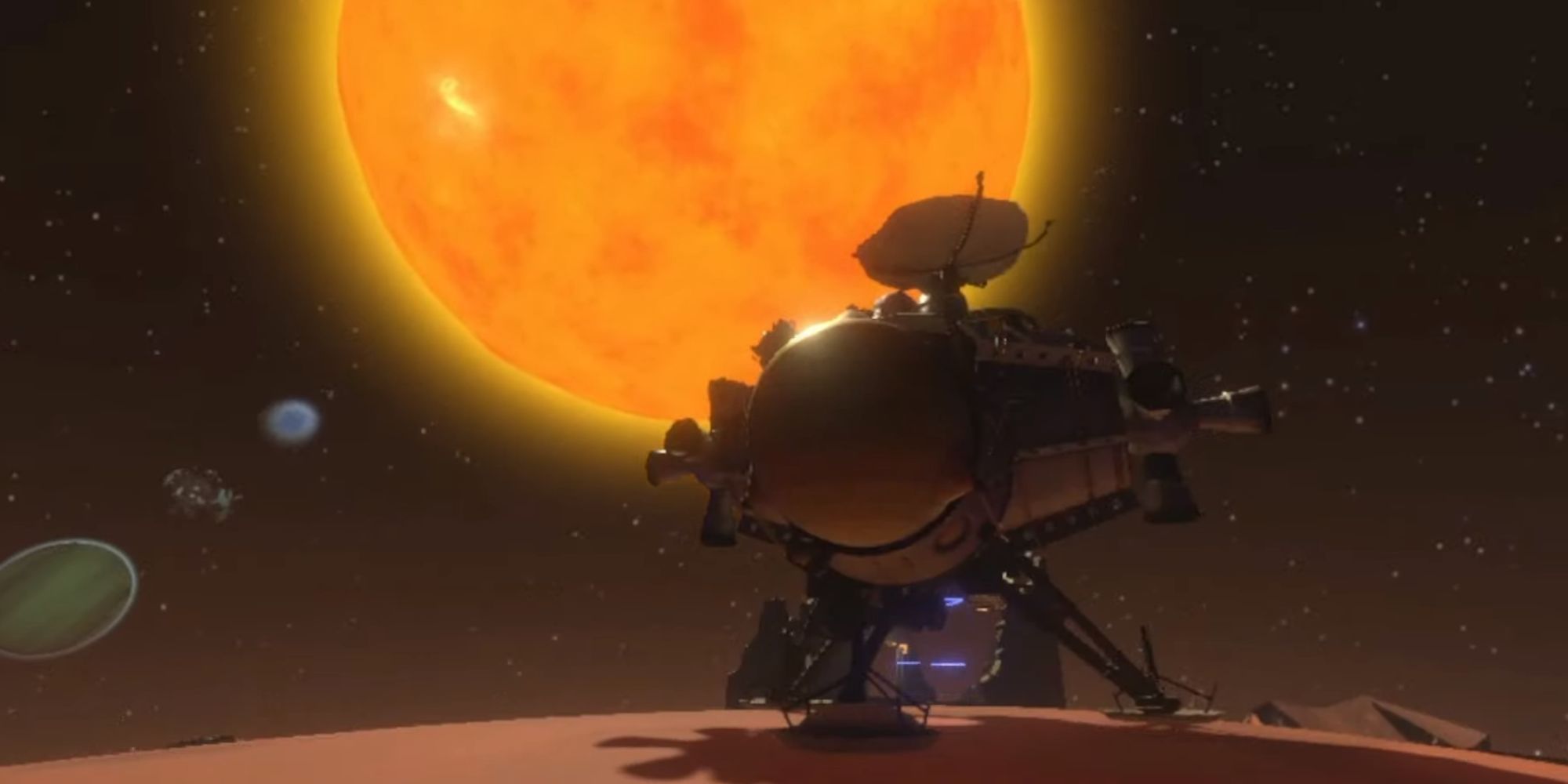 A space ship landed on a planets surface in Outer Wilds. The huge sun can be seen in the background