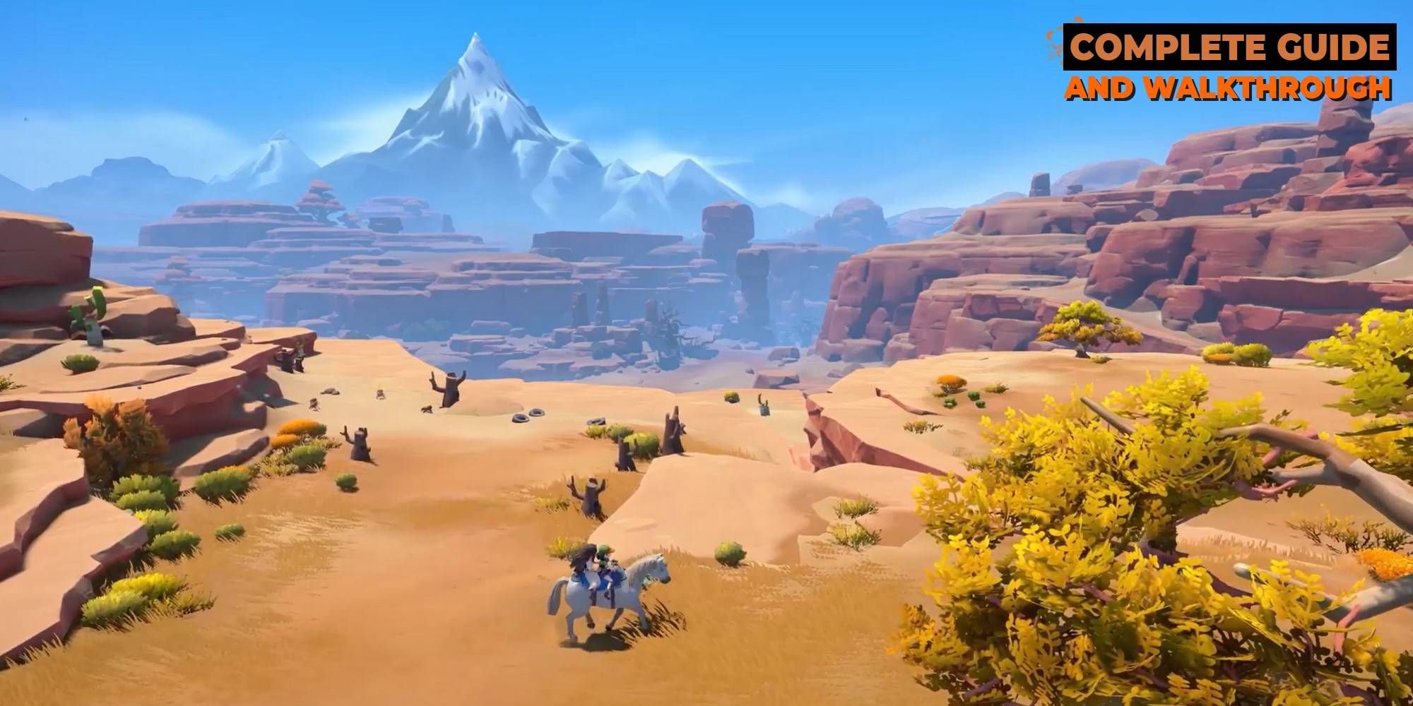 overview shot of the desert and mountains in sandrock with a builder riding on their horse in the foreground my time at sandrock